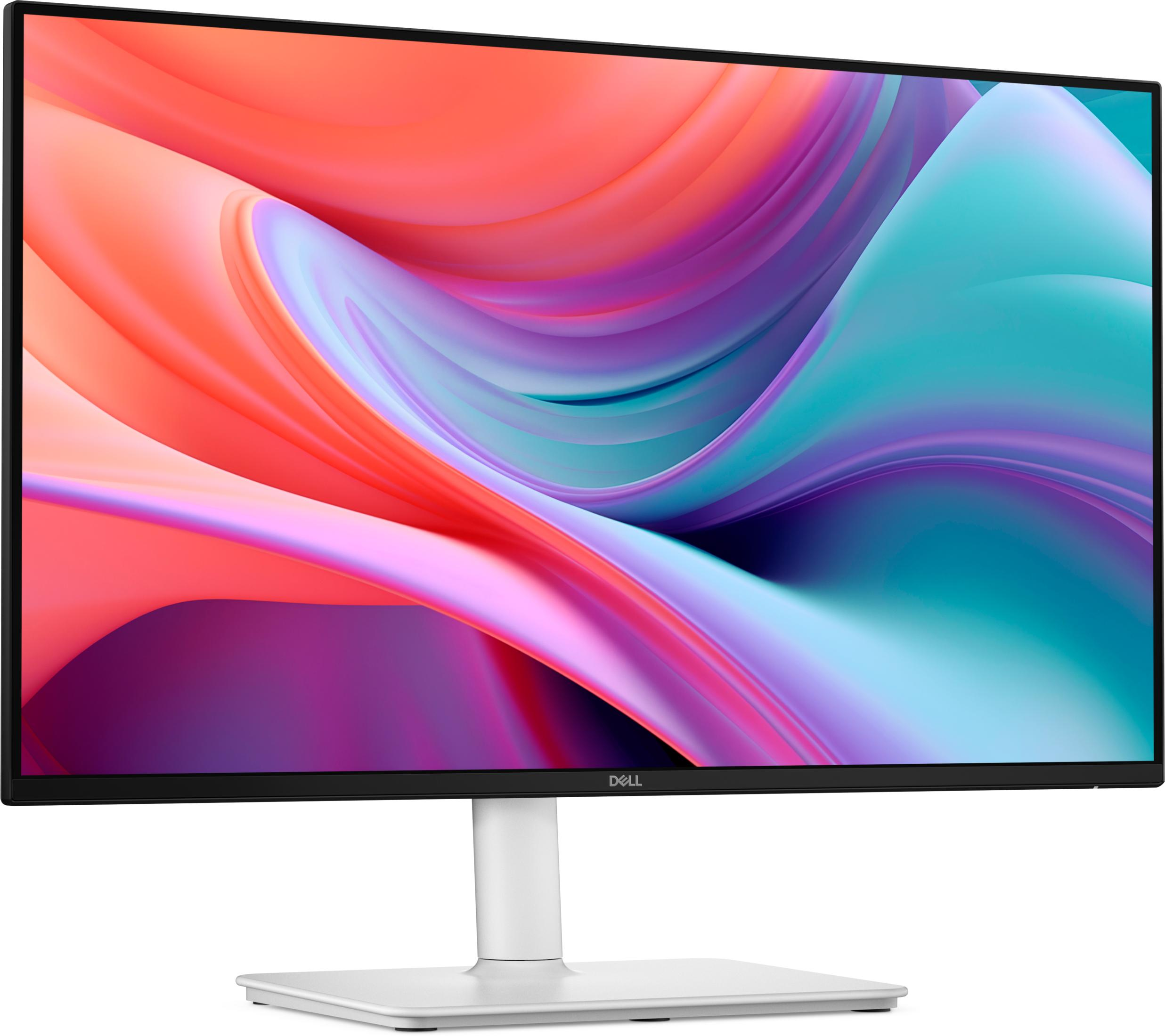 Ein Dell-Monitor mit einem abstrakten, bunten Hintergrund in Rot, Lila und Blau.