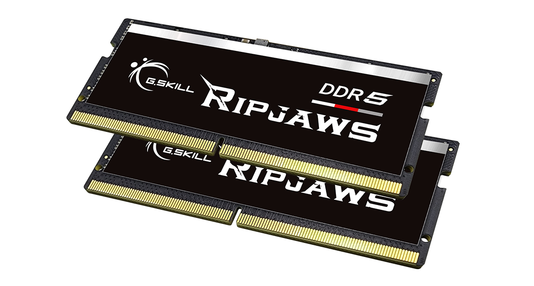 Due moduli RAM G.Skill Ripjaws DDR5 su sfondo bianco.