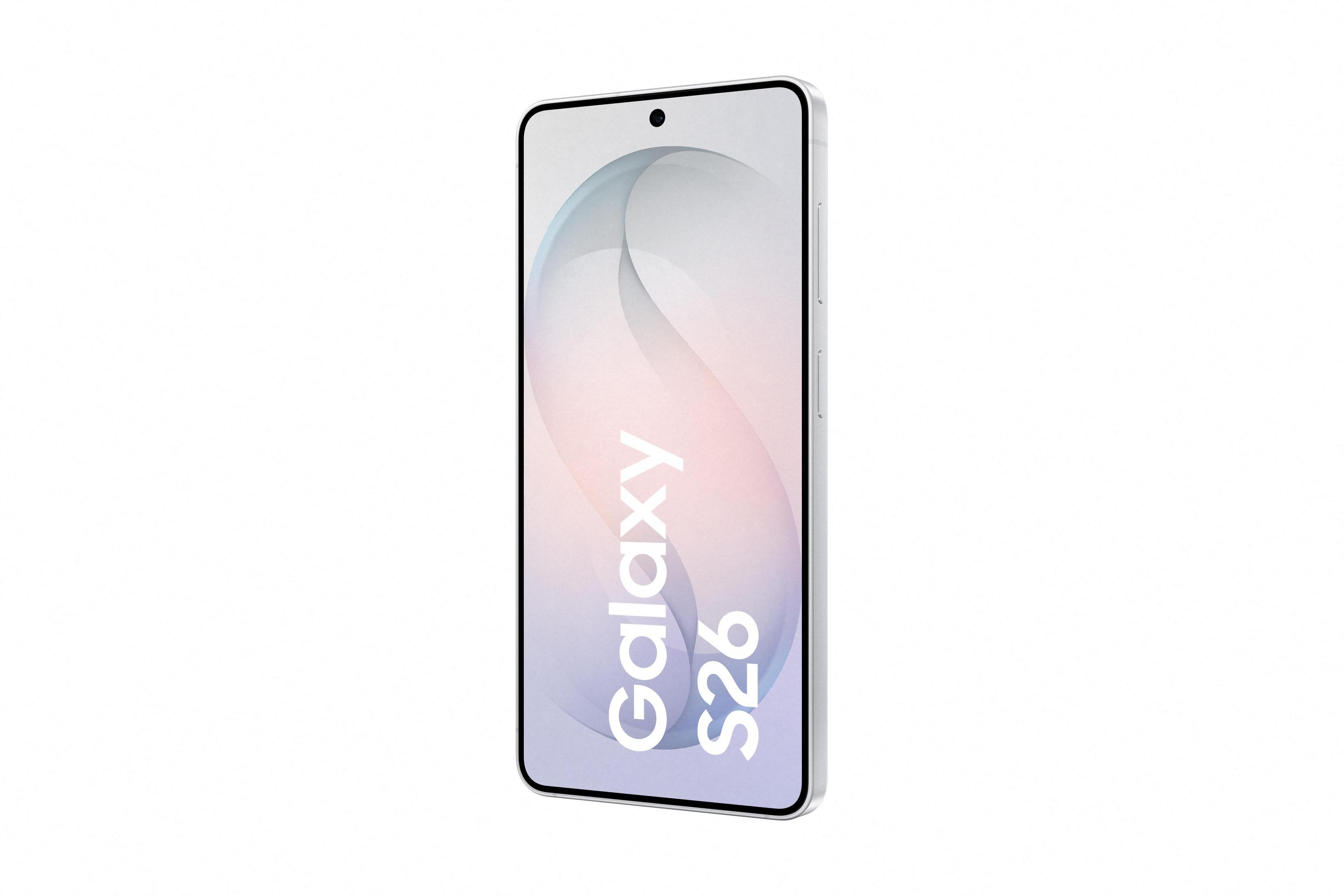 Ein silbernes Smartphone mit einem Loch für die Kamera und dem Aufdruck Galaxy S26.