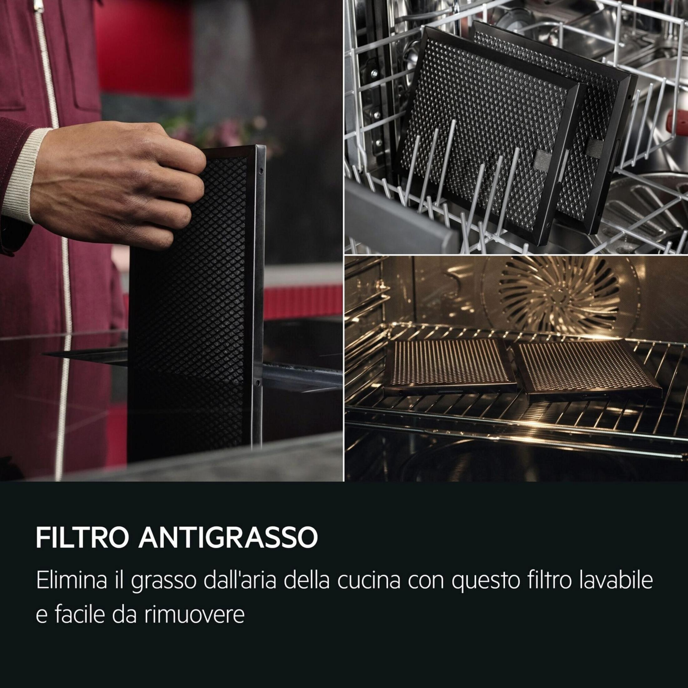 Un hombre sostiene un filtro de grasa, otro está en un lavavajillas y dos están en un horno.