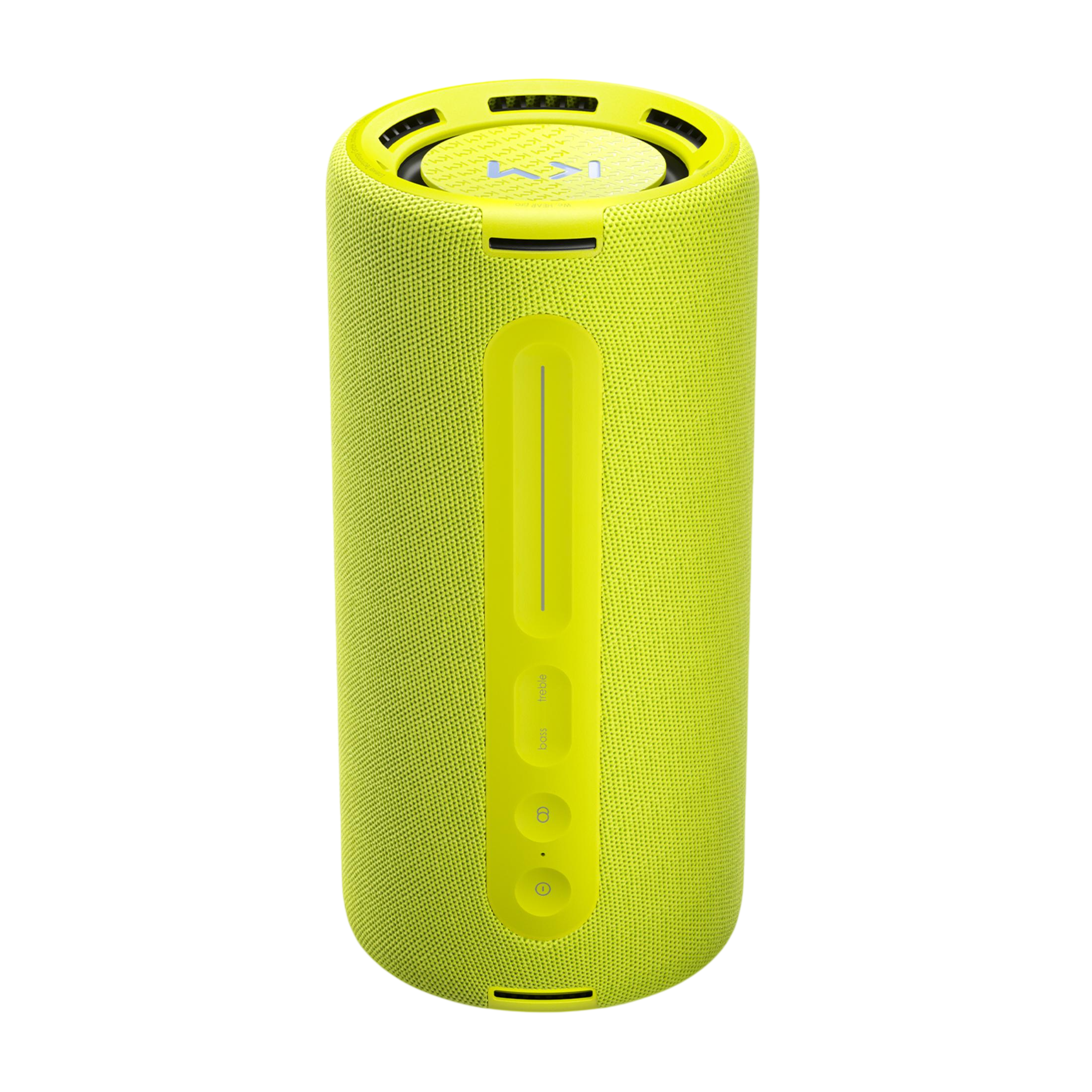 Eine leuchtend gelbe, zylindrische Bluetooth-Box mit Bedienelementen.