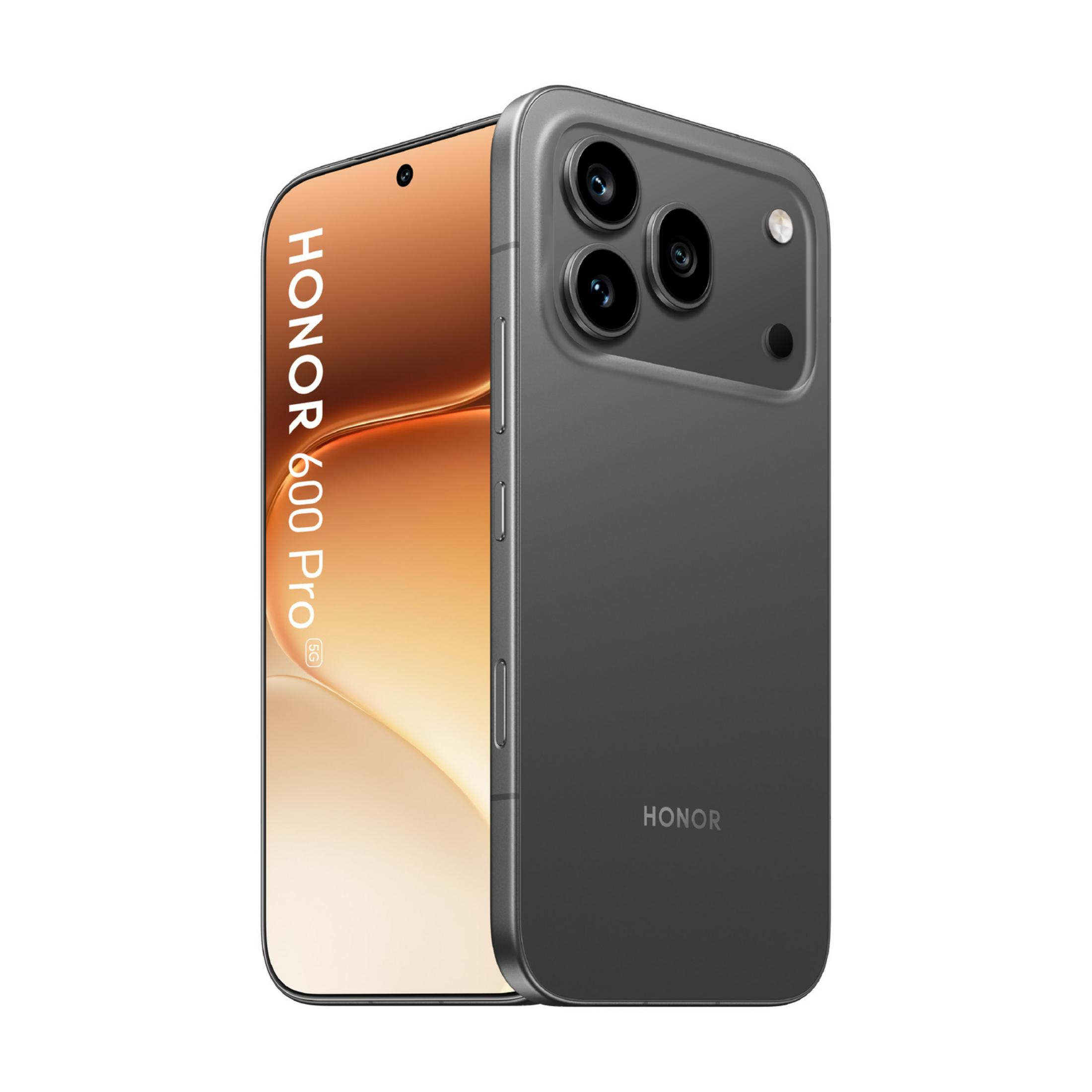 Graues Honor 600 Pro Smartphone mit drei Kameras und 5G-Logo.