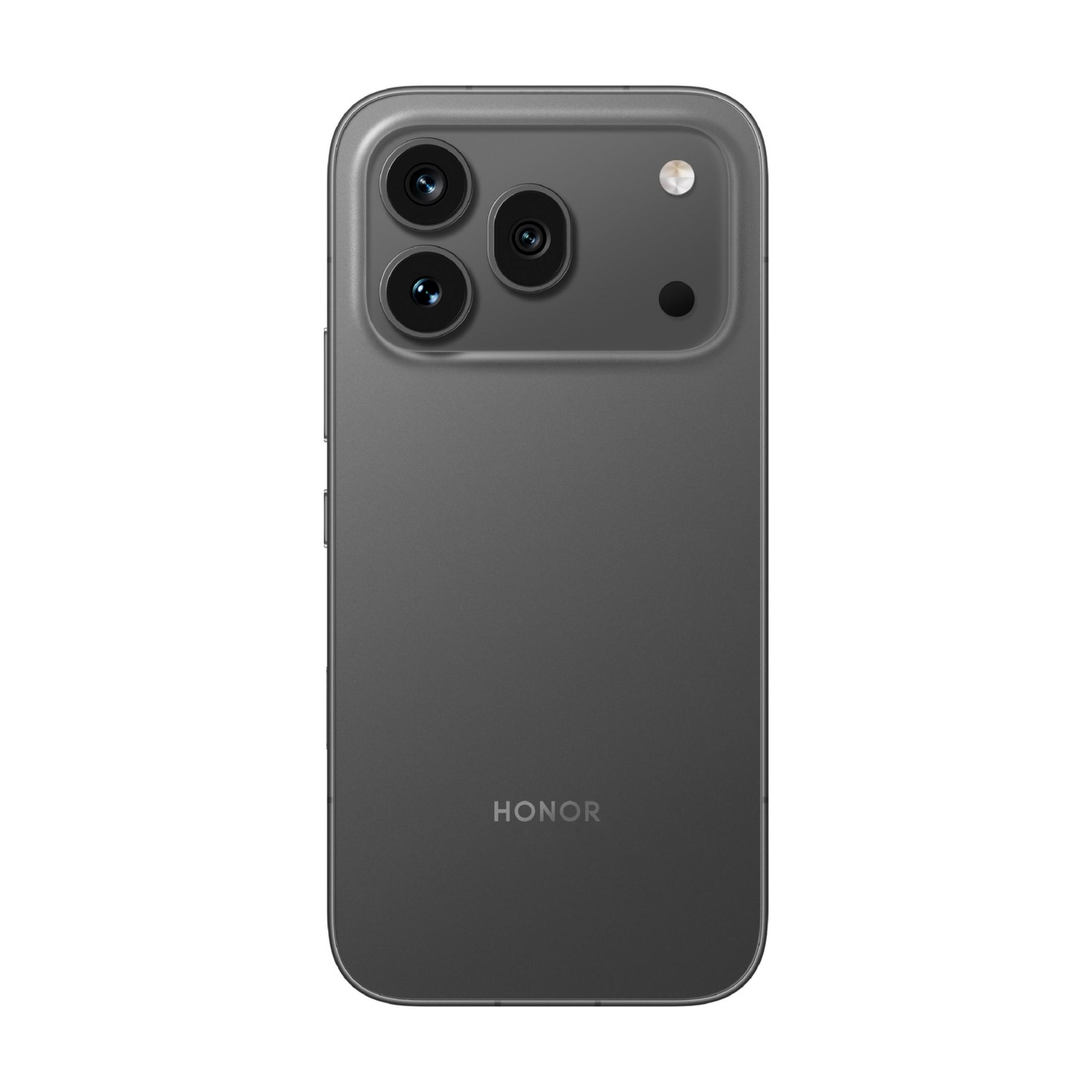 Graues Smartphone mit HONOR-Logo und drei Kameras auf der Rückseite.