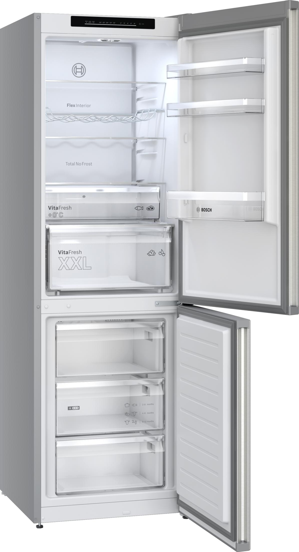 Un frigorifero Bosch aperto con Flex Interior e cassetti VitaFresh XXL.