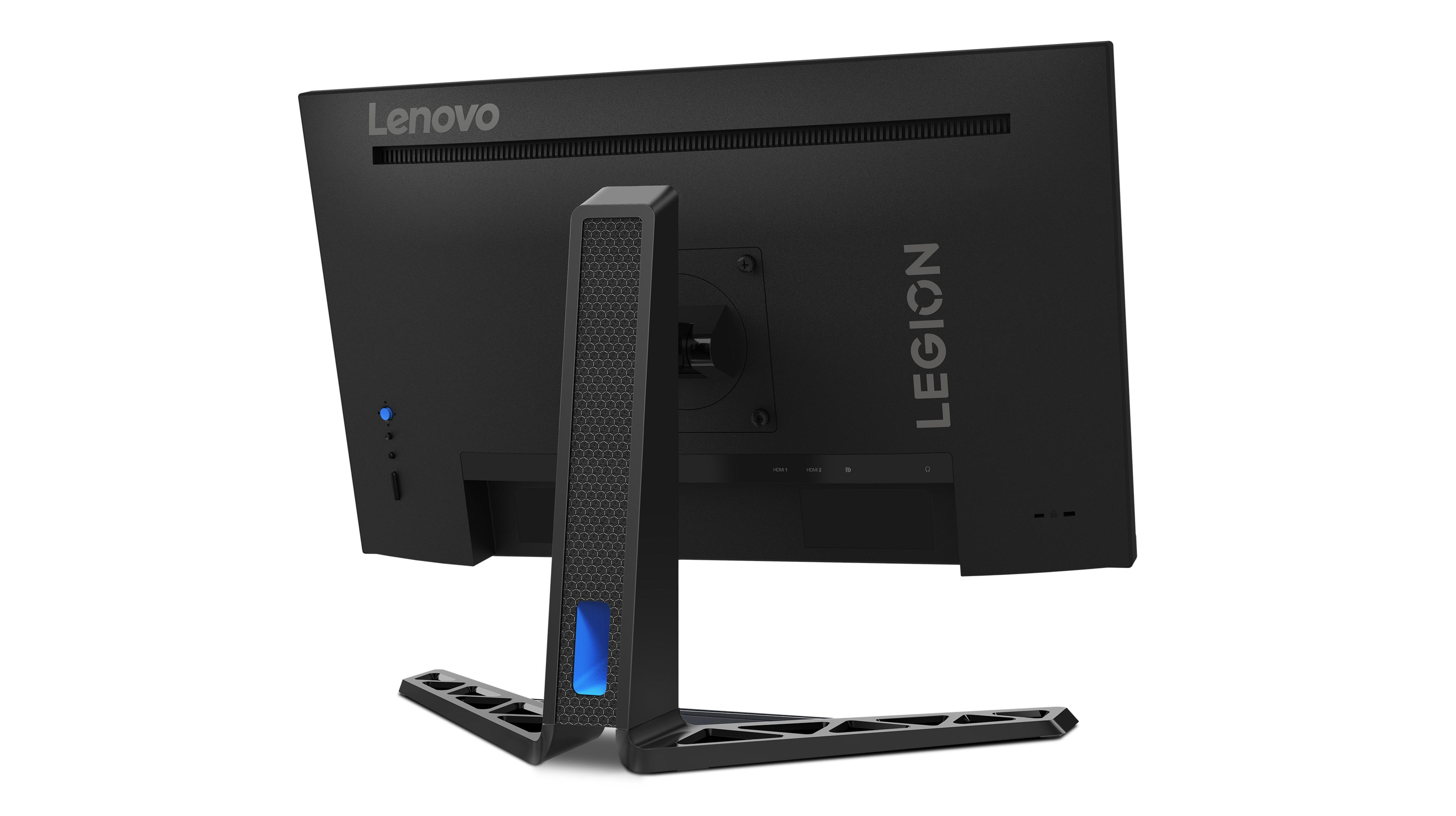 Parte posterior de un monitor Lenovo Legion negro con botón de encendido y puertos.