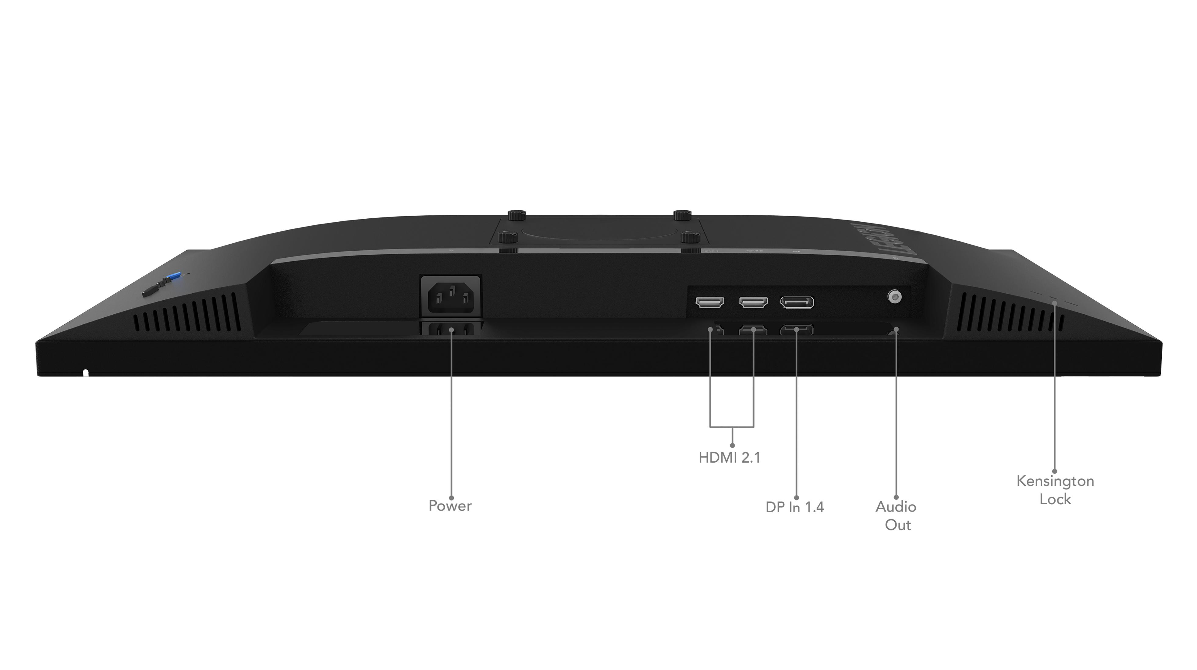 Parte trasera de un monitor negro mostrando puertos: Alimentación, HDMI 2.1, DP 1.4, Salida de audio, Bloqueo Kensington.