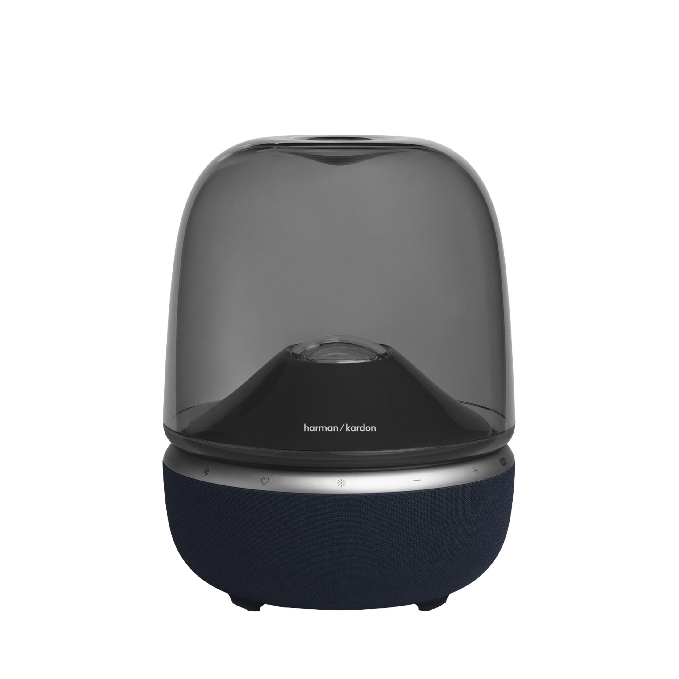 Un altoparlante Harman Kardon scuro con cassa superiore trasparente.