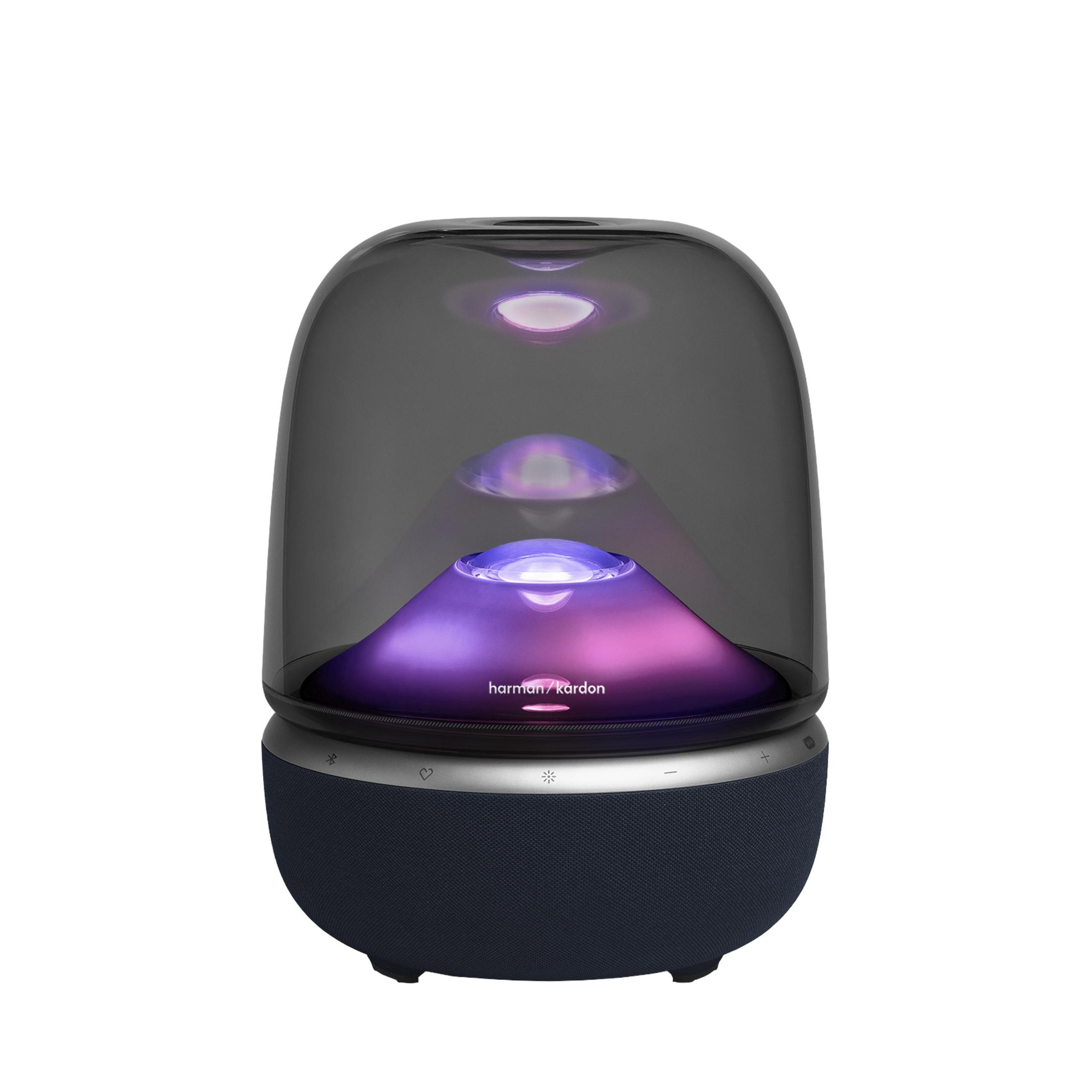 Un altoparlante Harman Kardon con cupola grigio scuro e luci interne viola.