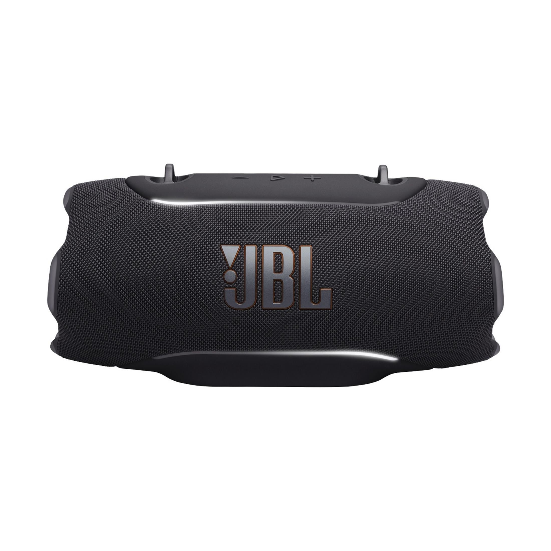 Altavoz JBL negro portátil con rejilla de tela texturizada y logo plateado.
