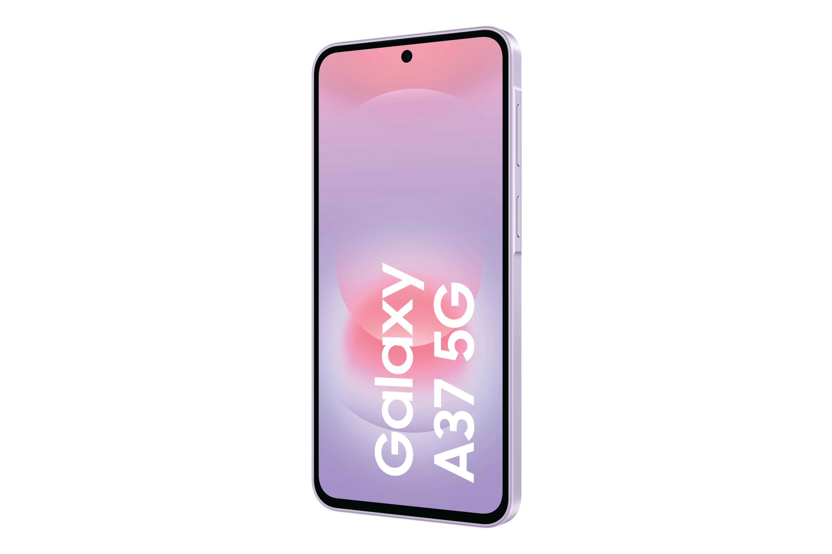 Ein lila Smartphone mit dem Text "Galaxy A37 5G" auf dem Bildschirm.