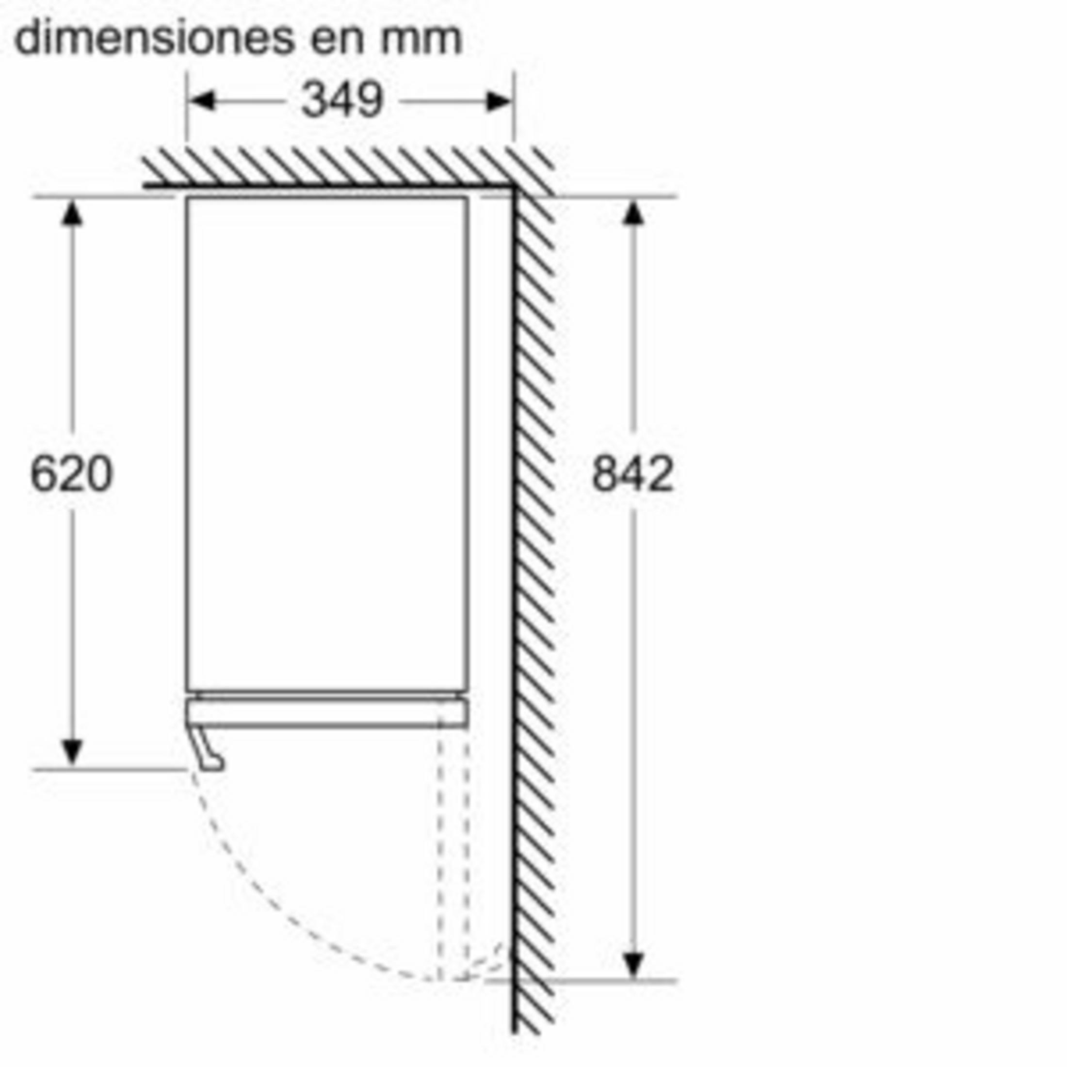 Dibujo técnico con dimensiones: alto 842mm, ancho 349mm, fondo 620mm.