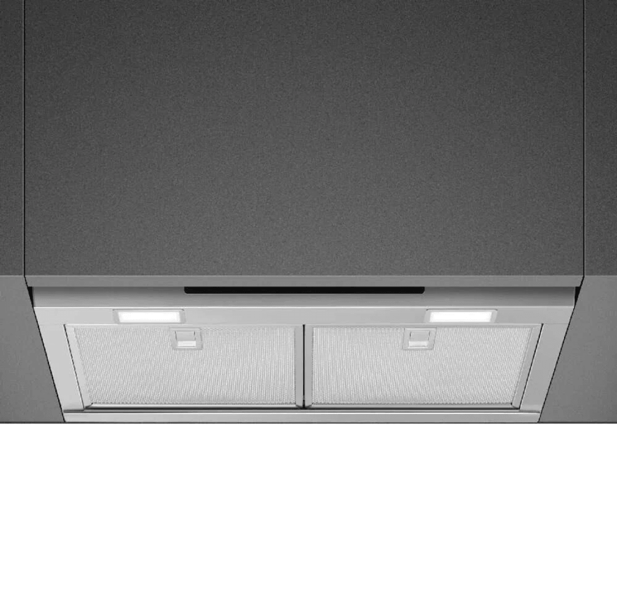 Cappa aspirante in acciaio inox con due filtri e luci sotto un mobile grigio.