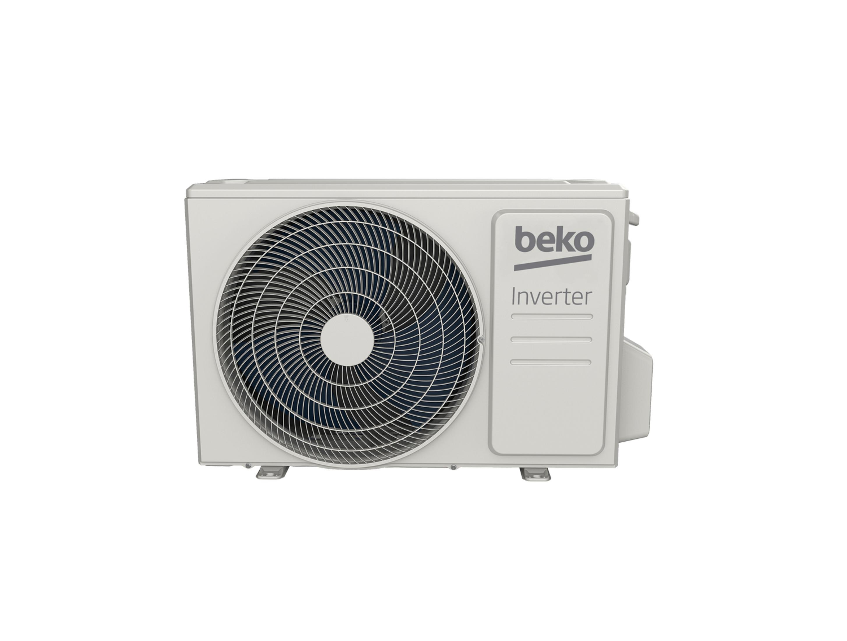 Un aire acondicionado Beko blanco con rejilla de ventilador y etiqueta 'Inverter'.