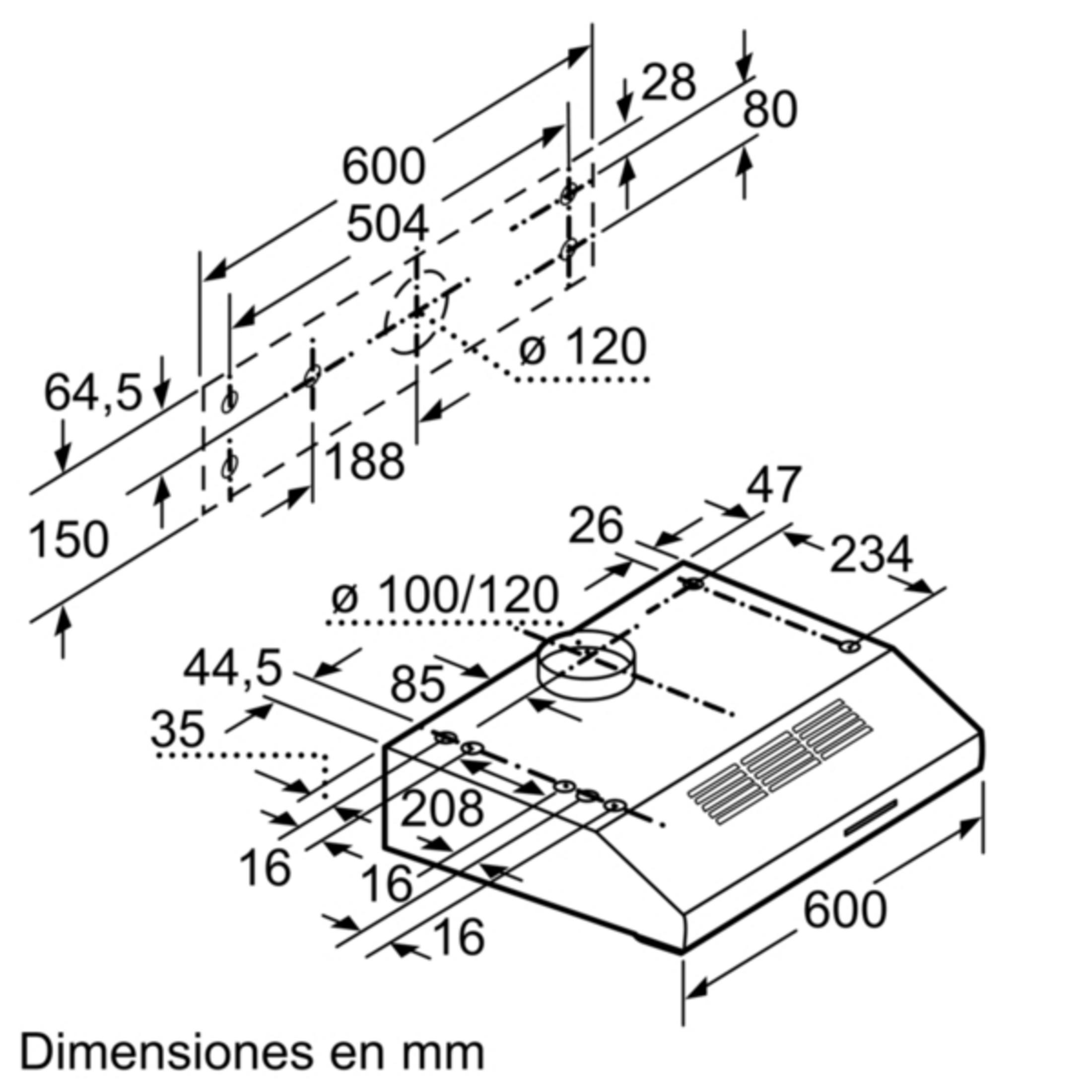 Dibujo técnico con dimensiones para una campana extractora. Dimensiones en mm mostradas.