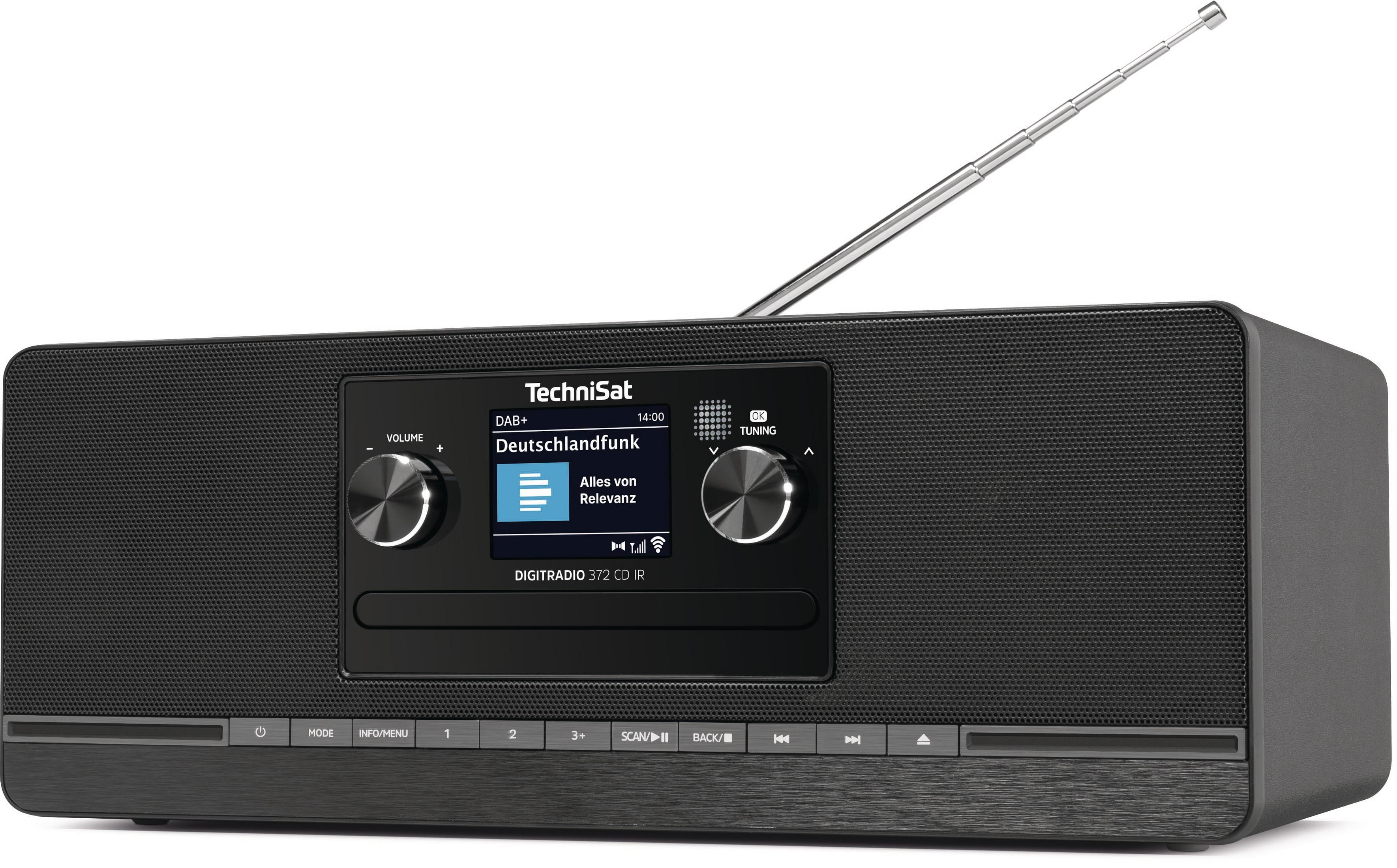 Une radio numérique TechniSat noire avec son antenne déployée.
