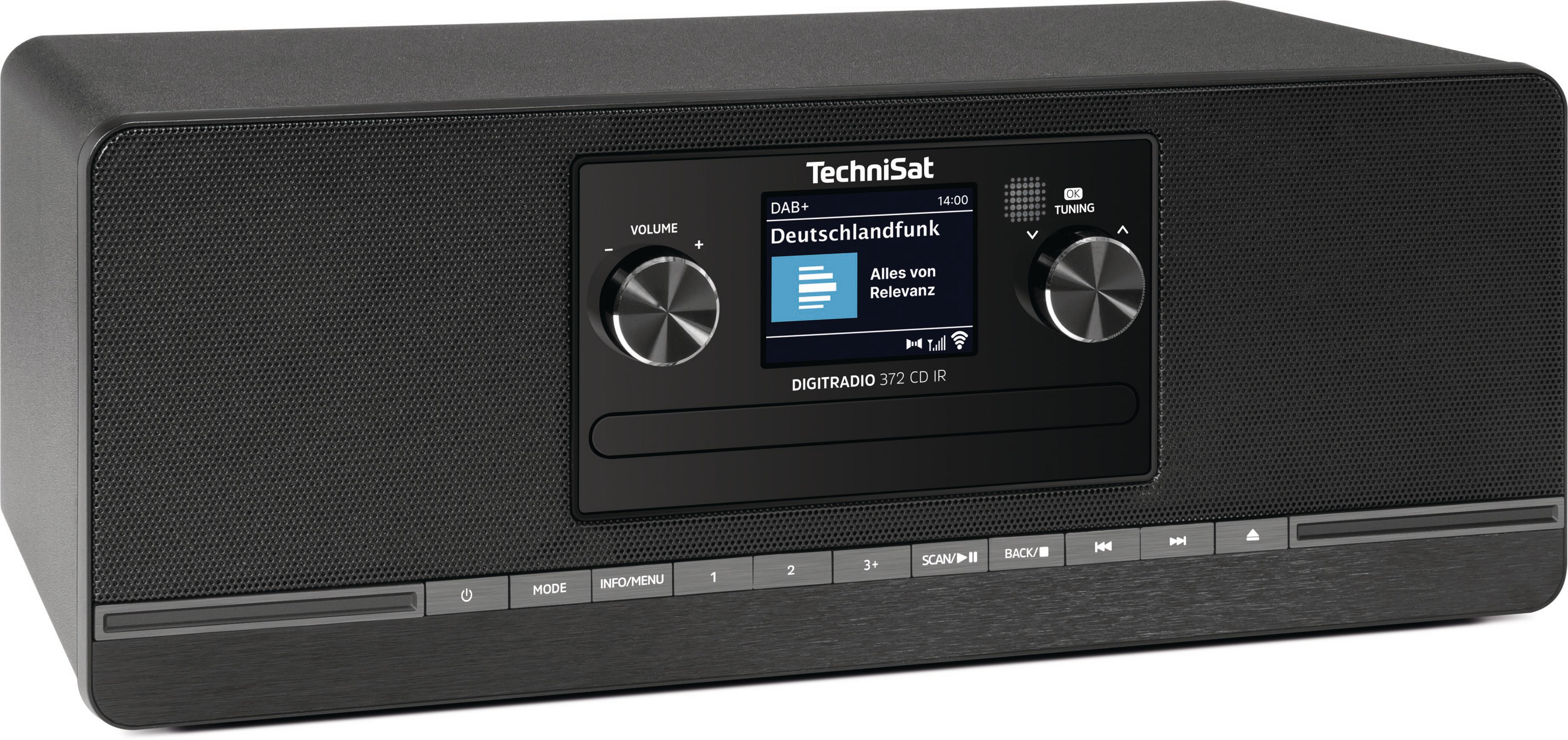 Une radio numérique TechniSat noire avec lecteur CD, écran éclairé et boutons de commande.