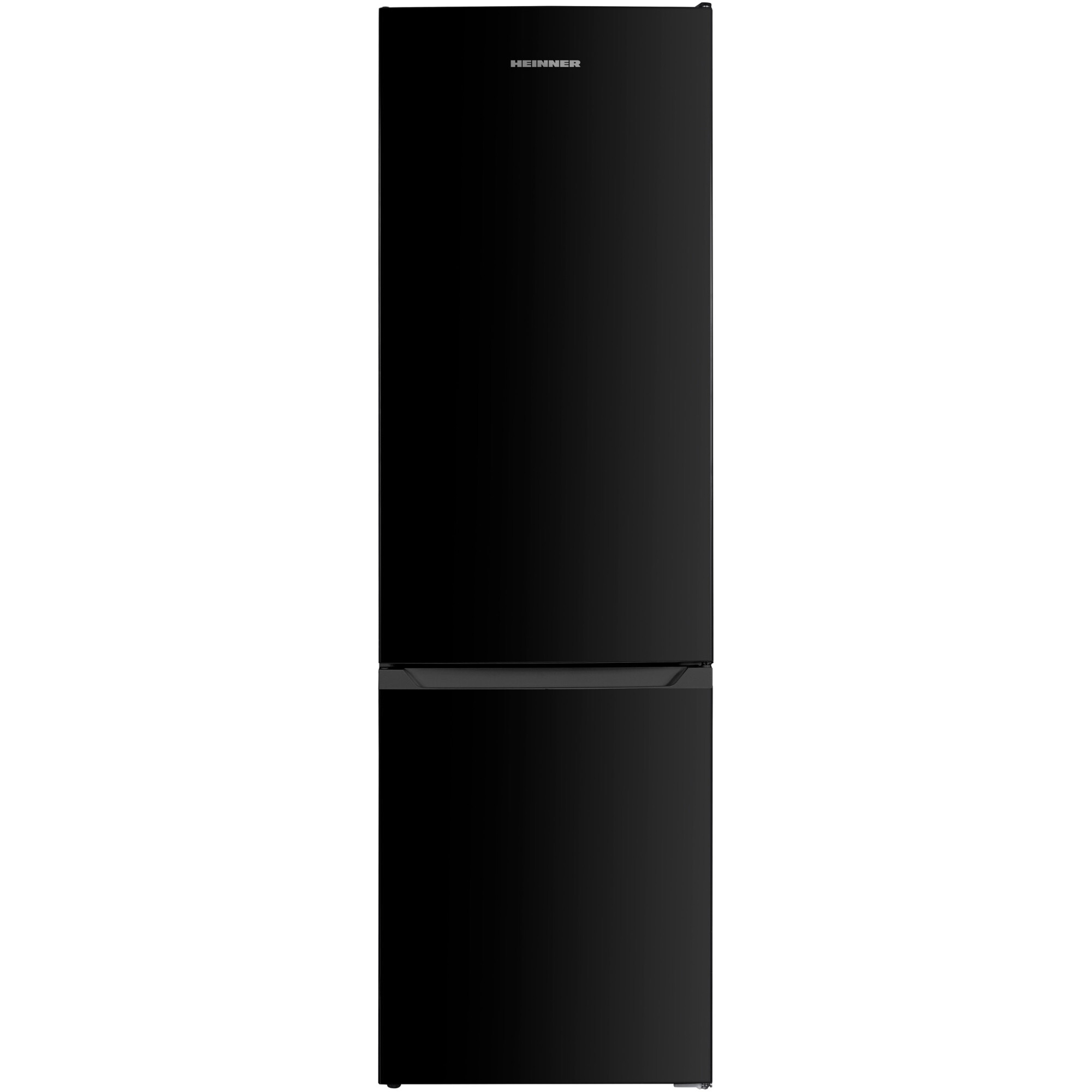Ein schlanker, schwarzer Kühlschrank mit Gefrierfach oben und Kühlfach unten.