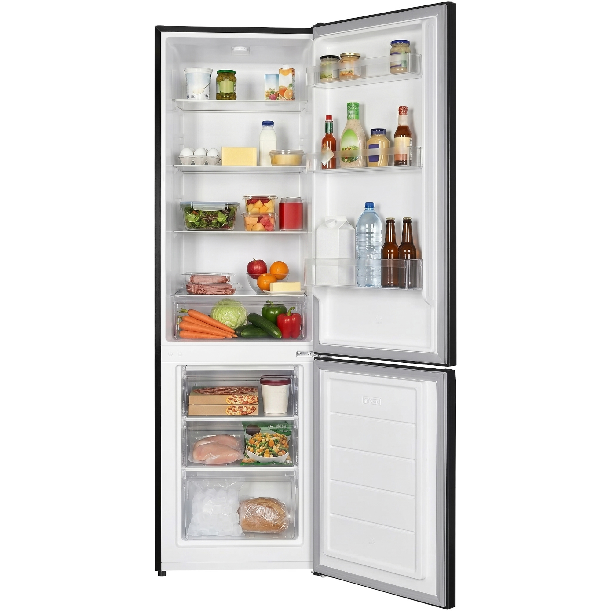 Offener schwarzer Kühlschrank mit Lebensmitteln: Getränke, Gemüse, Eier, Fleisch, Pizza, Eis.