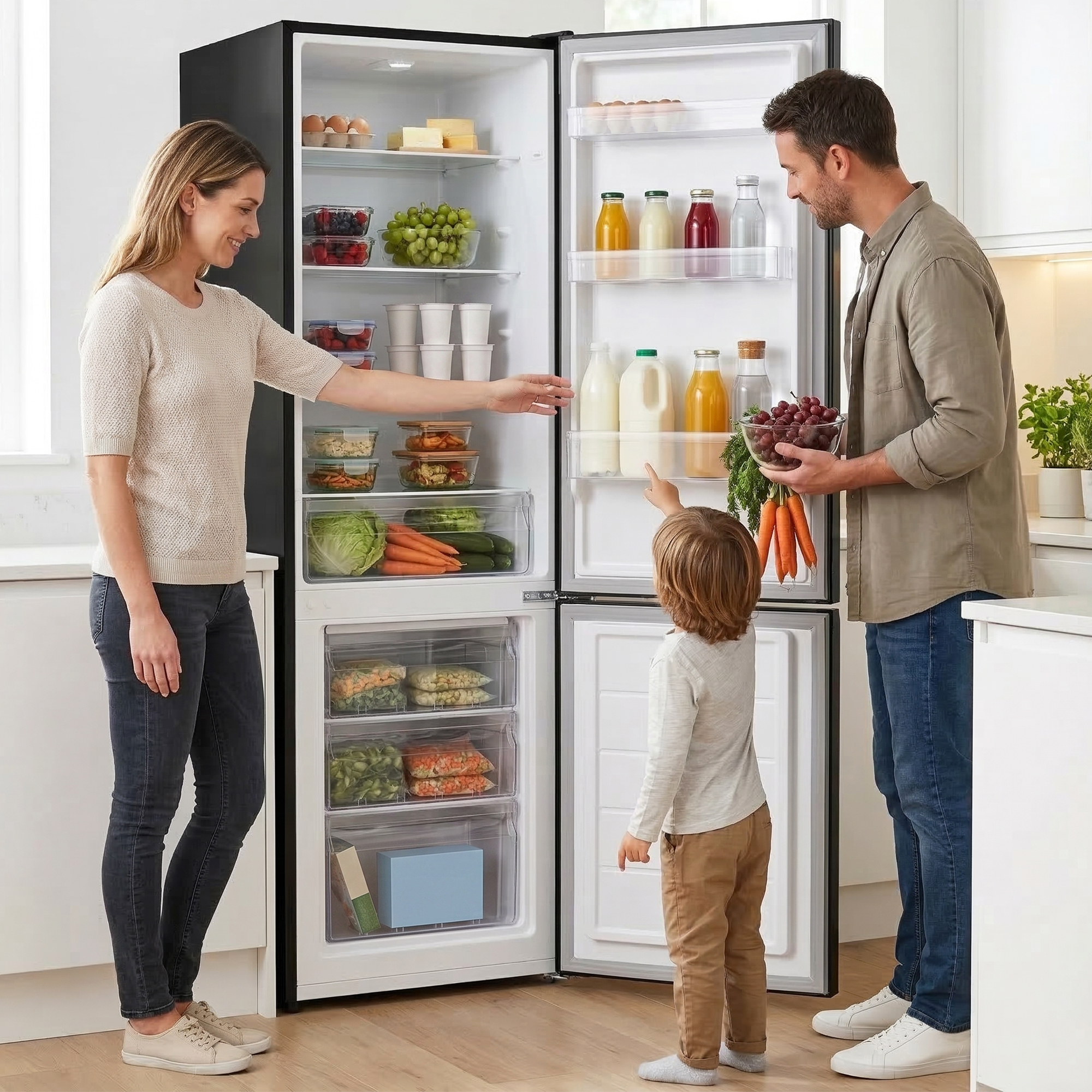 Familie füllt Kühlschrank mit Obst, Gemüse und Milchprodukten.