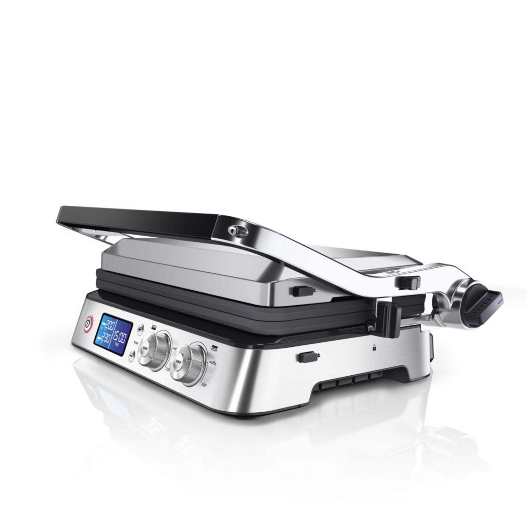 Grill elettrico argentato con coperchio aperto, display digitale mostra temp. e ora.