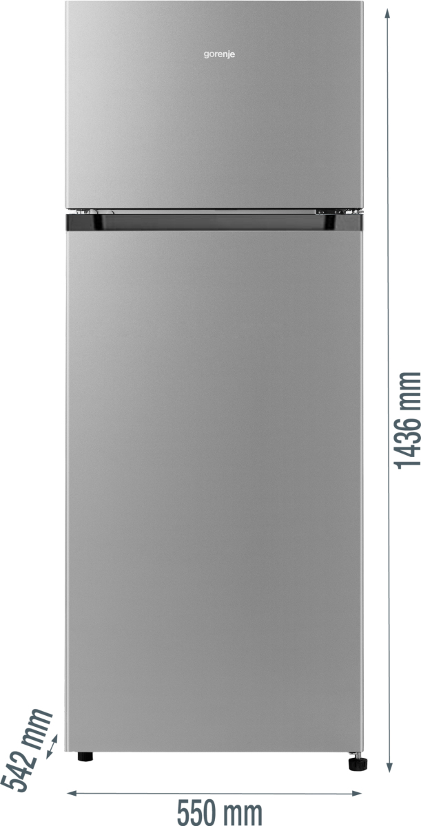 Ein freistehender silberner Gorenje-Kühlschrank mit Gefrierfach oben. Maße: 1436x550x542mm.