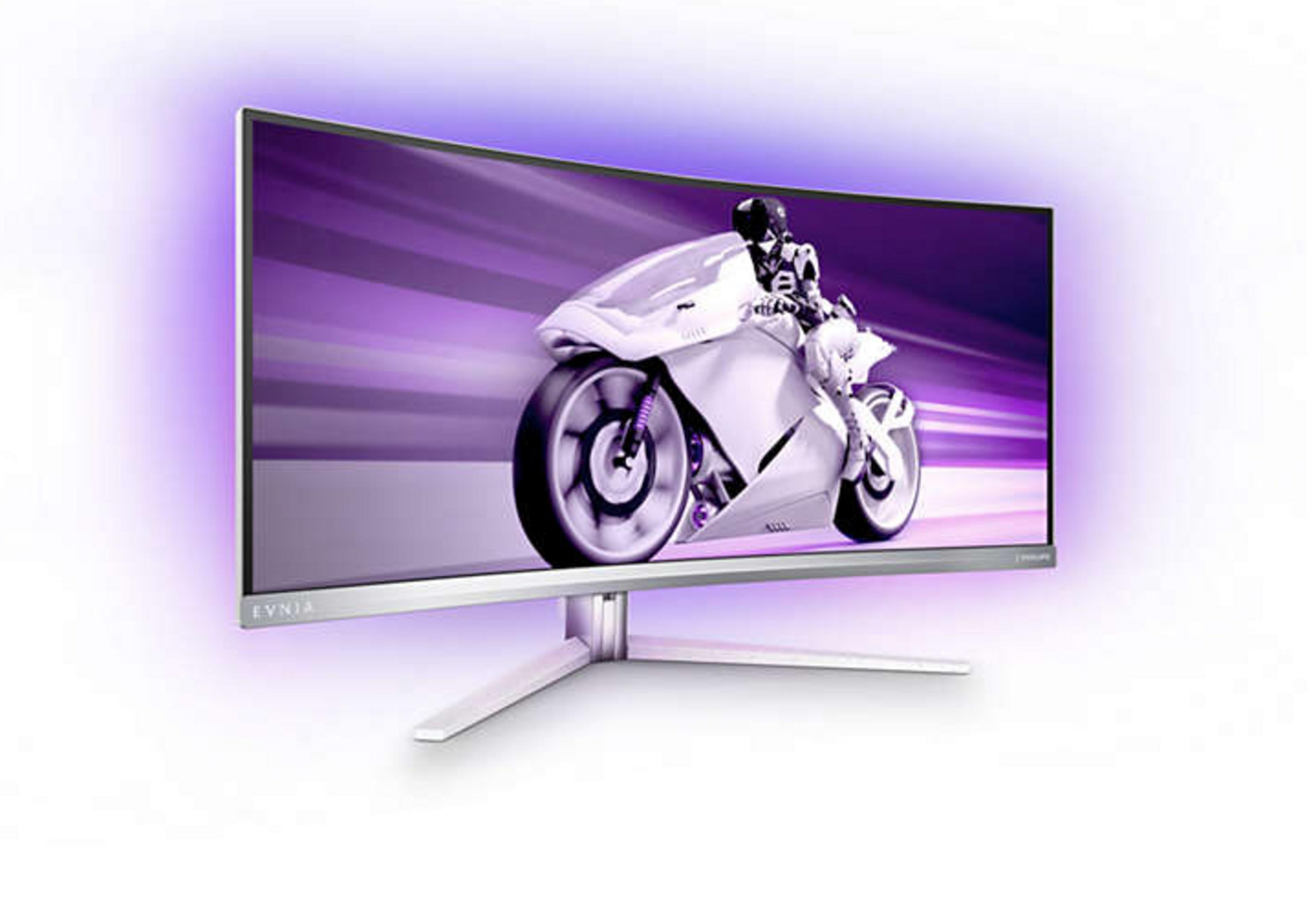 Un monitor curvo con retroilluminazione viola, che mostra un motociclista futuristico.