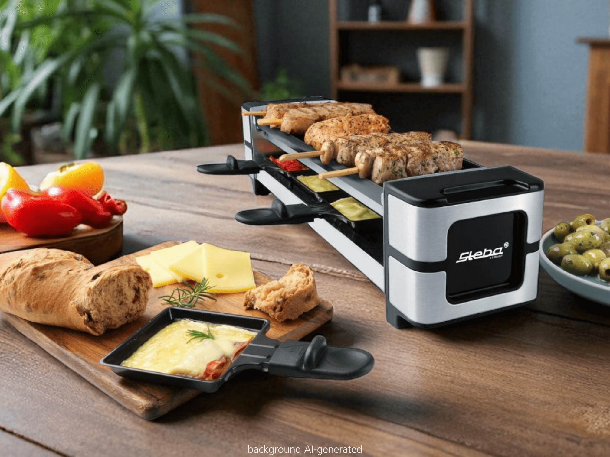 Ein Raclette-Grill mit Fleischspießen, Käse, Brot, Gemüse und Oliven auf einem Holztisch.