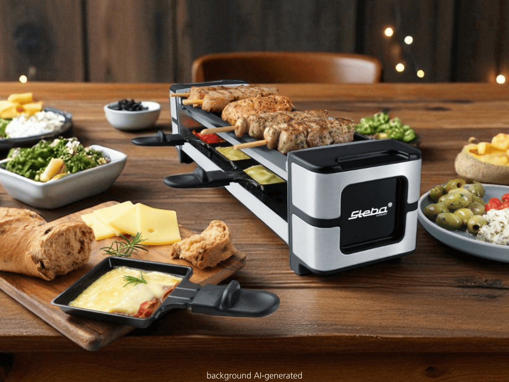 Ein Raclettegrill mit Spießen mit gegrilltem Fleisch, Kässpfannen, Brot und Beilagen auf einem Holztisch.