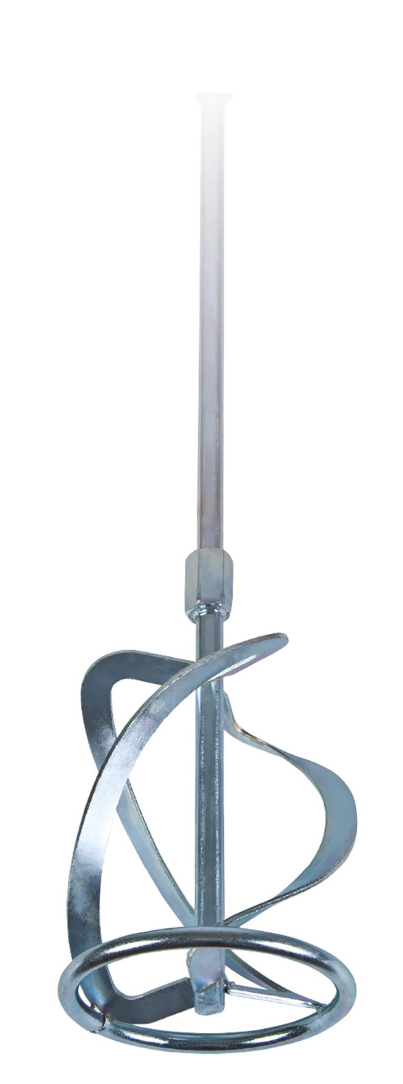 Un accesorio mezclador metálico con aspas en espiral y un eje largo.