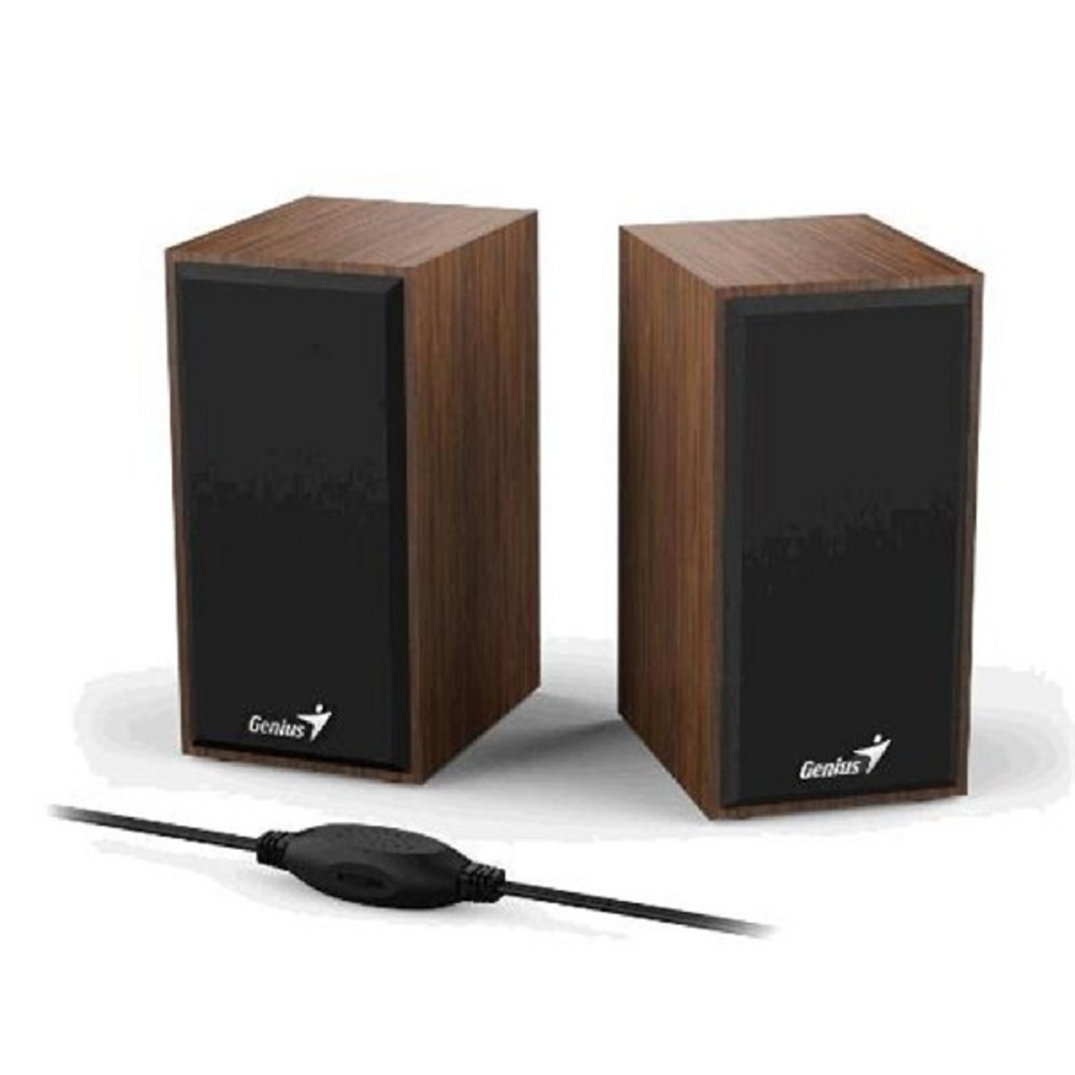Dos altavoces de madera con frentes negros y un cable negro.