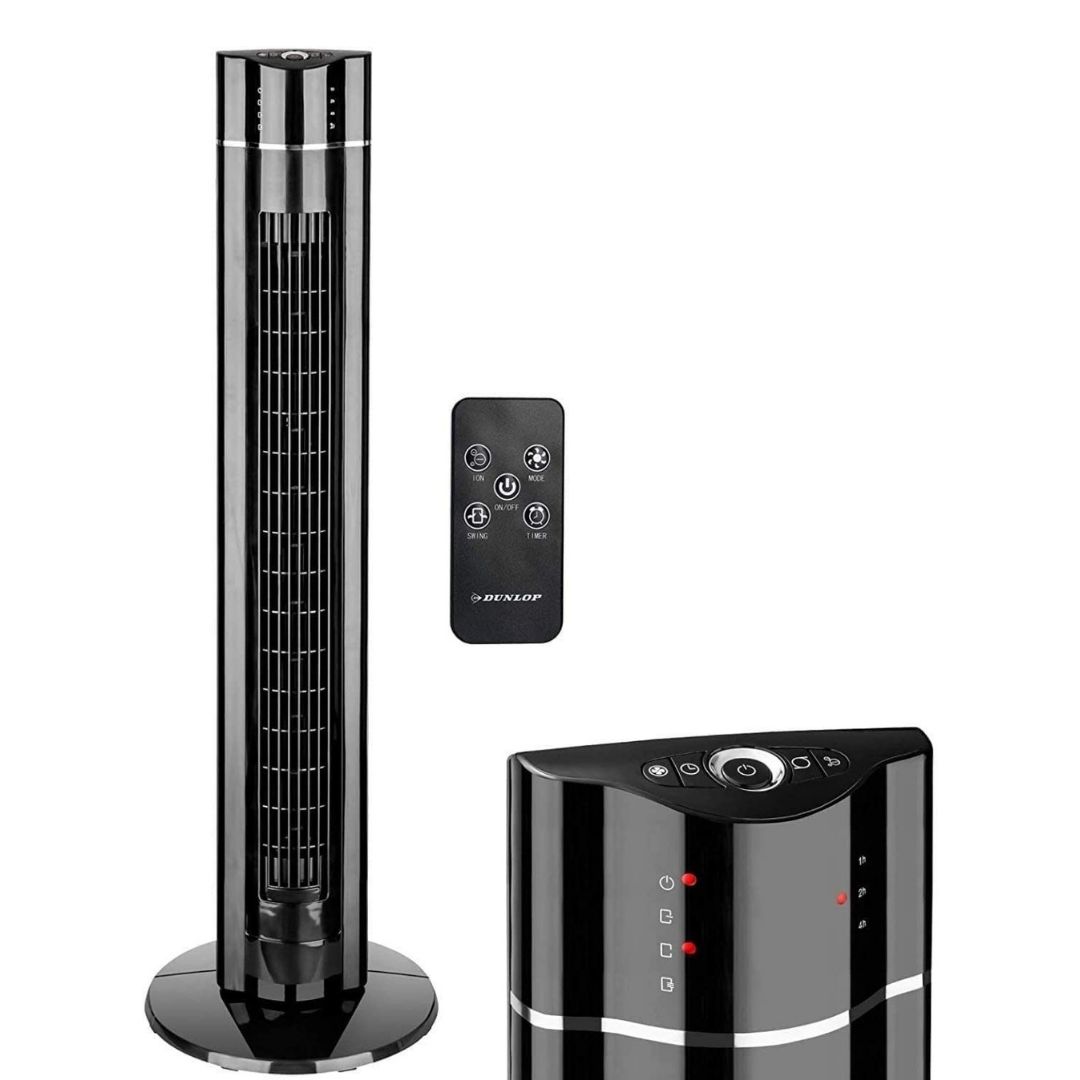 Ein schwarzer Turmventilator, eine Fernbedienung und eine Basis sind weiß dargestellt.
