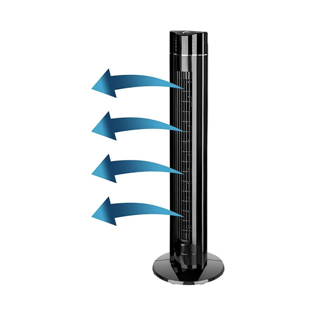 Schwarzer Turmventilator mit blauen Pfeilen, die Luftstrom anzeigen.