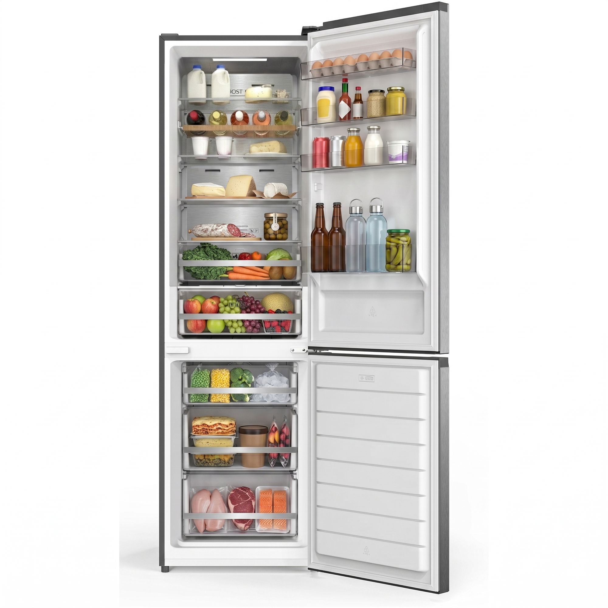 Un réfrigérateur ouvert rempli de nourriture : lait, œufs, fromage, saucisse, fruits, légumes et viande.