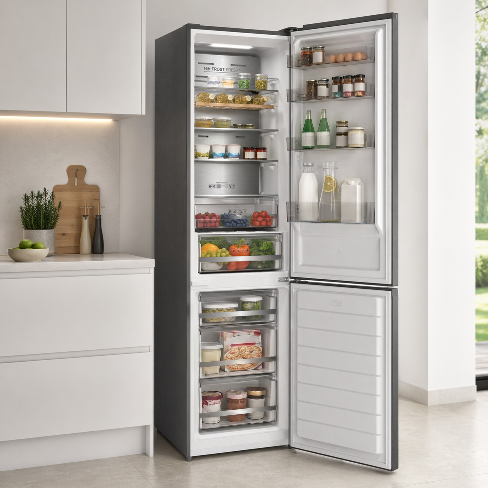 Réfrigérateur ouvert avec étagères remplies, fruits, légumes et boissons.