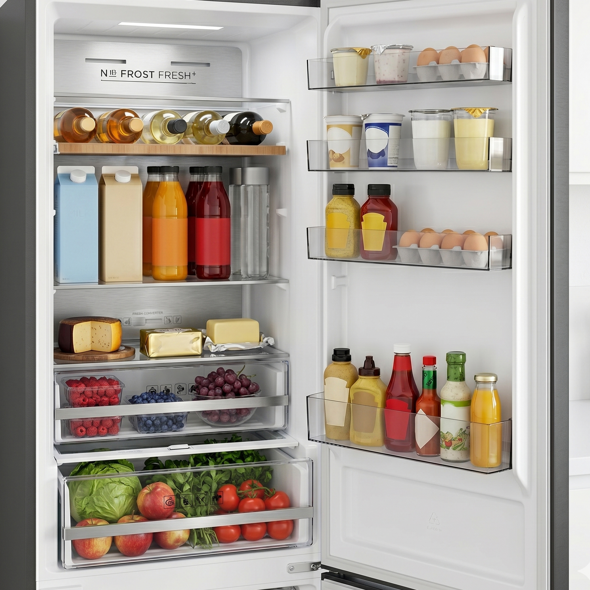 Réfrigérateur plein de fruits, légumes, œufs, fromage et boissons.