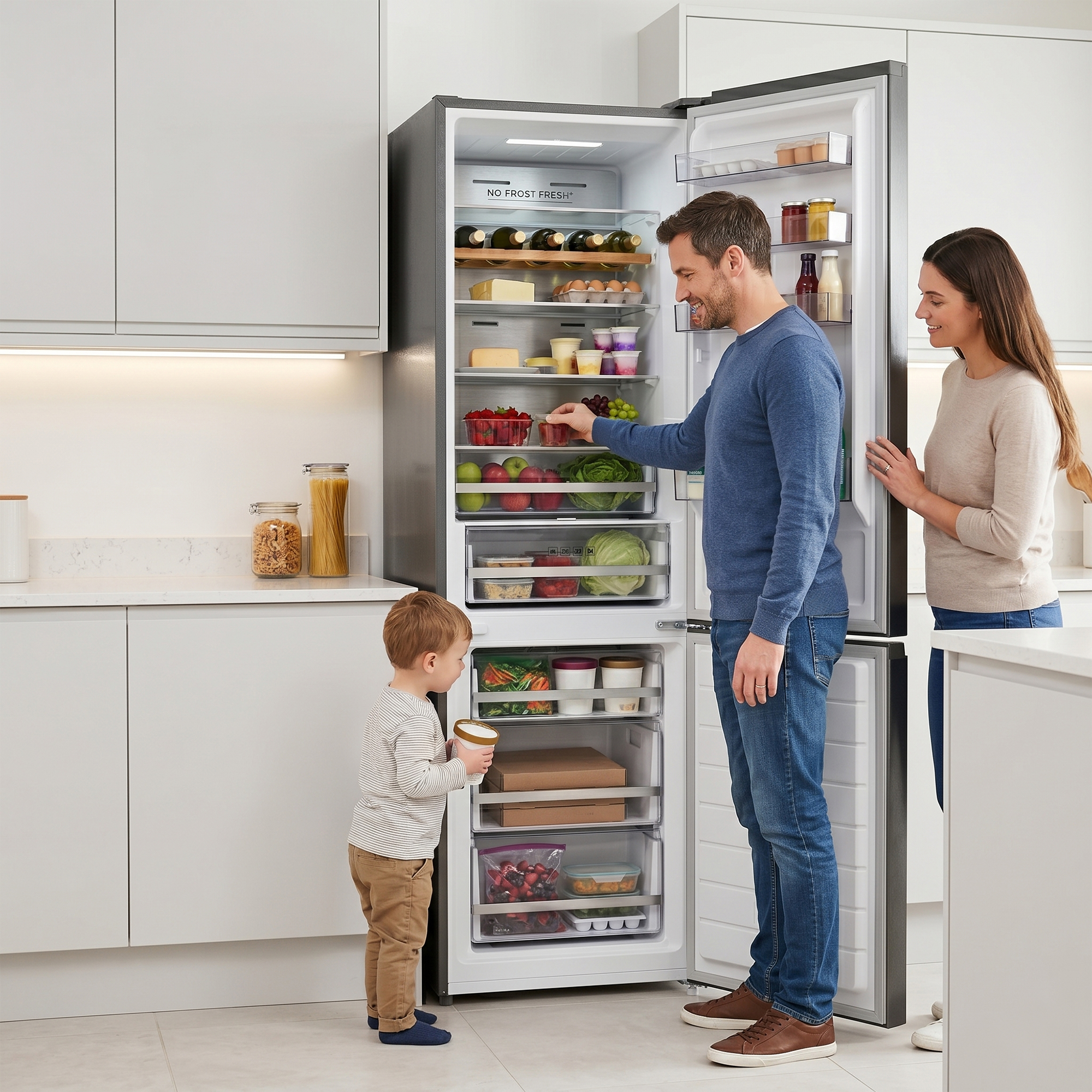Famille devant un réfrigérateur ouvert rempli de nourriture.