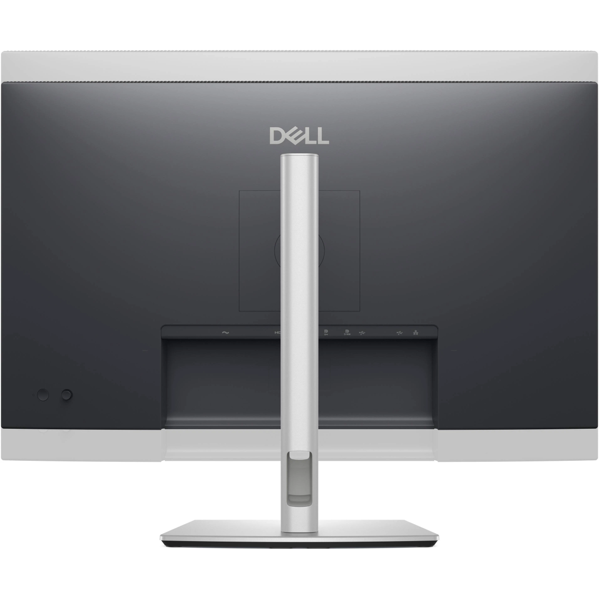 Rückseite eines Dell Monitors mit silbernem Standfuß und Anschlüssen.