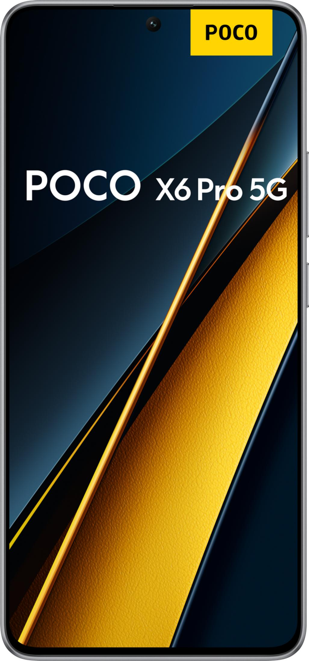 Ein schwarzes Smartphone mit POCO X6 Pro 5G-Aufschrift und gelben Akzenten.