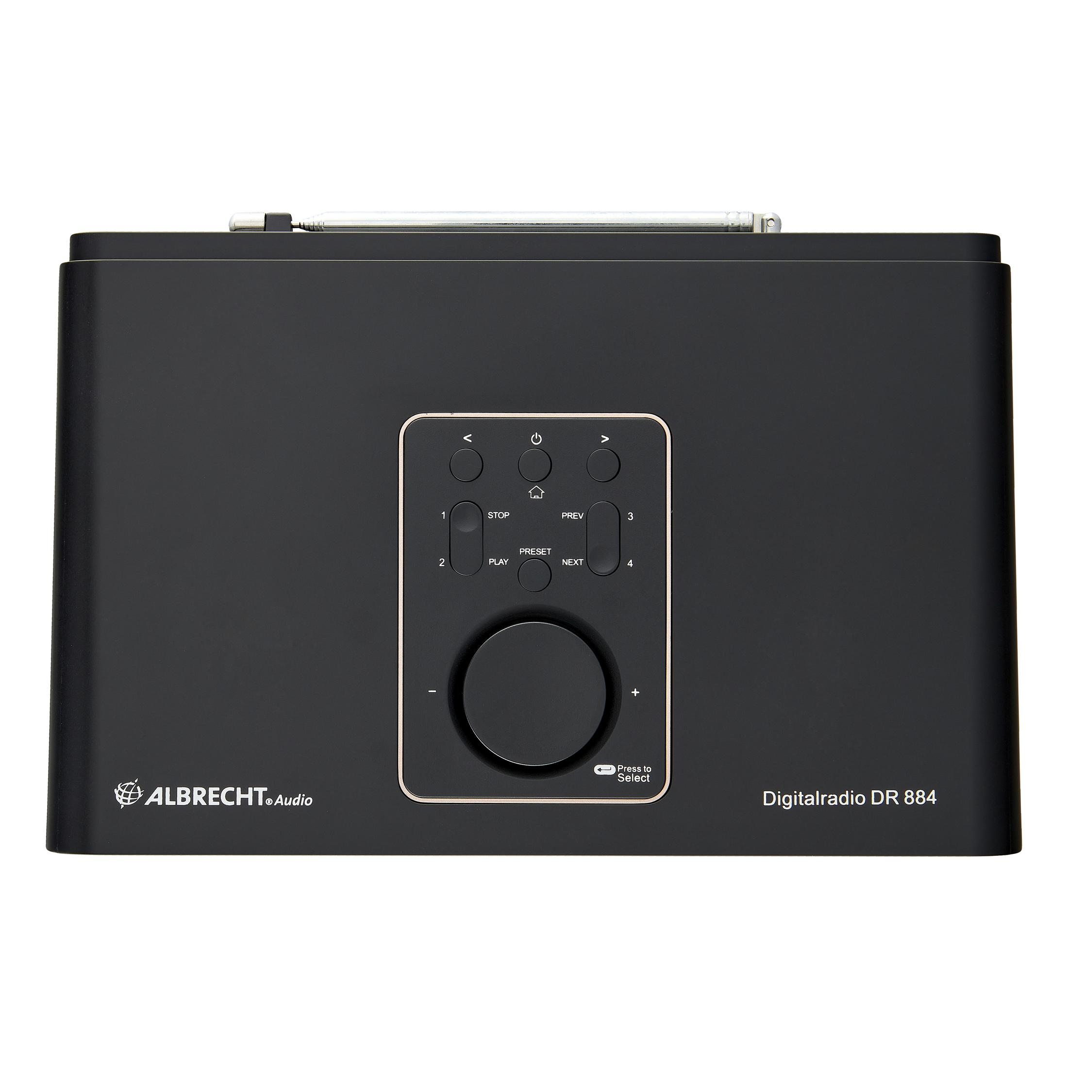 Radio digitale DR 884 nera con pulsanti di controllo e antenna estesa.