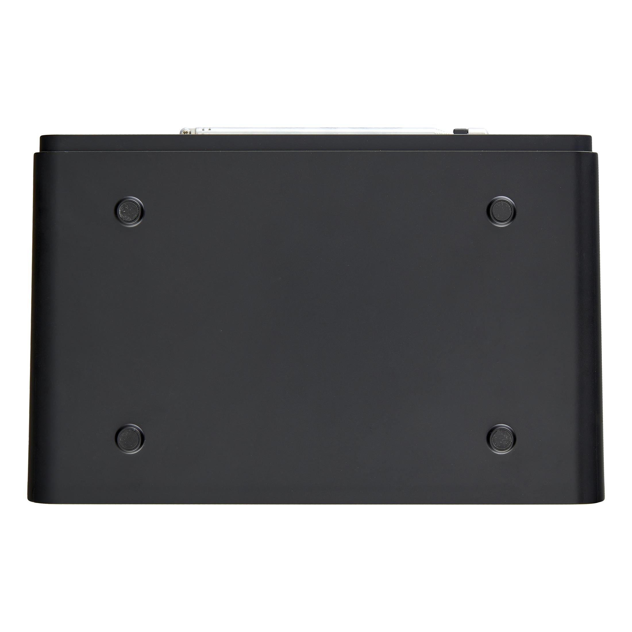 Dispositivo elettronico nero con quattro piedini in gomma e un'antenna.