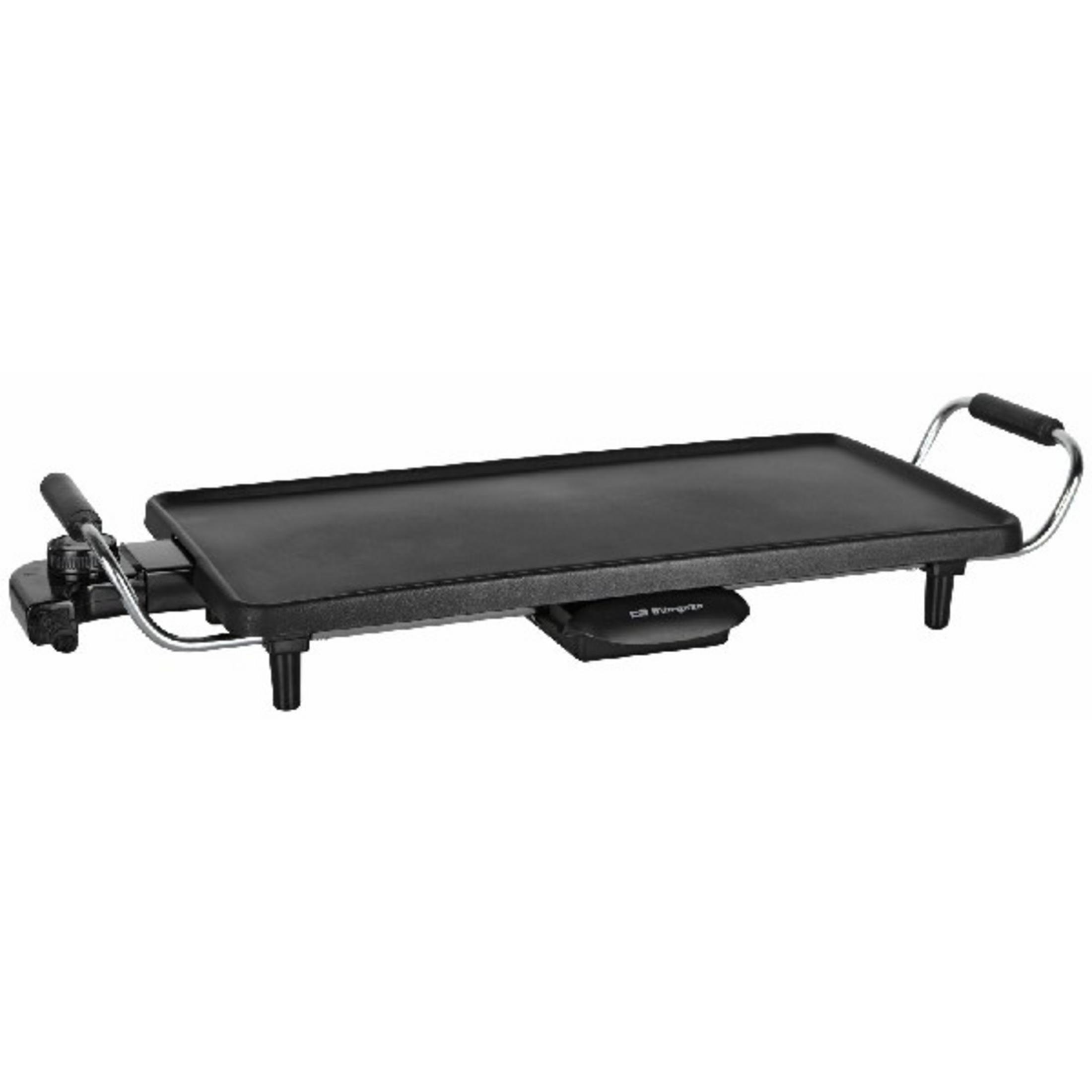 Una plancha eléctrica negra con dos asas y un dial de control de temperatura.