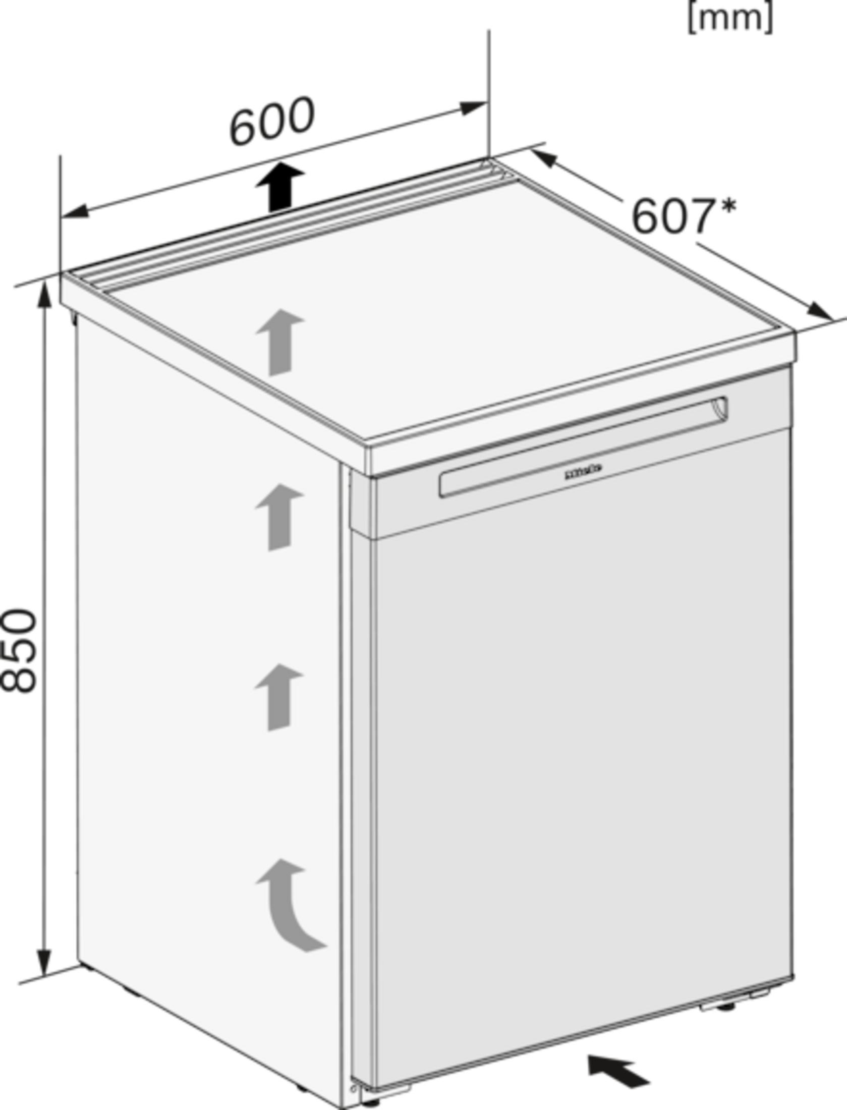 Technische Zeichnung eines Geschirrspülers mit Maßen 600x607x850mm.
