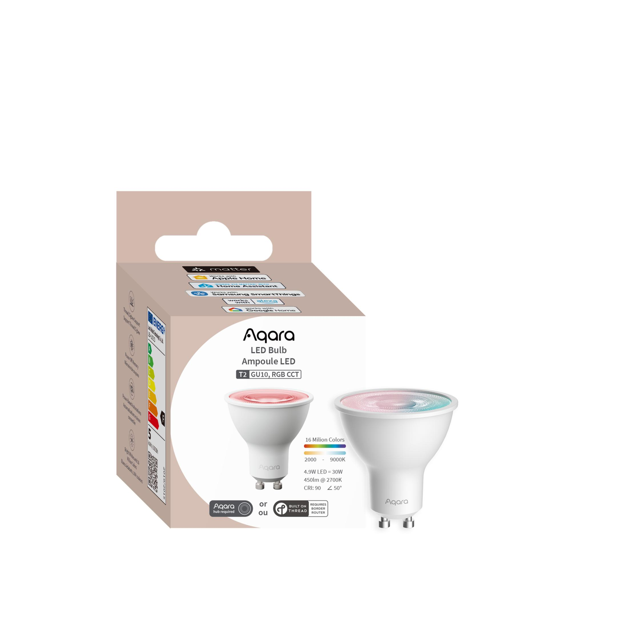 Lampadina LED Aqara GU10, RGB CCT, con caratteristiche ed etichetta energetica.