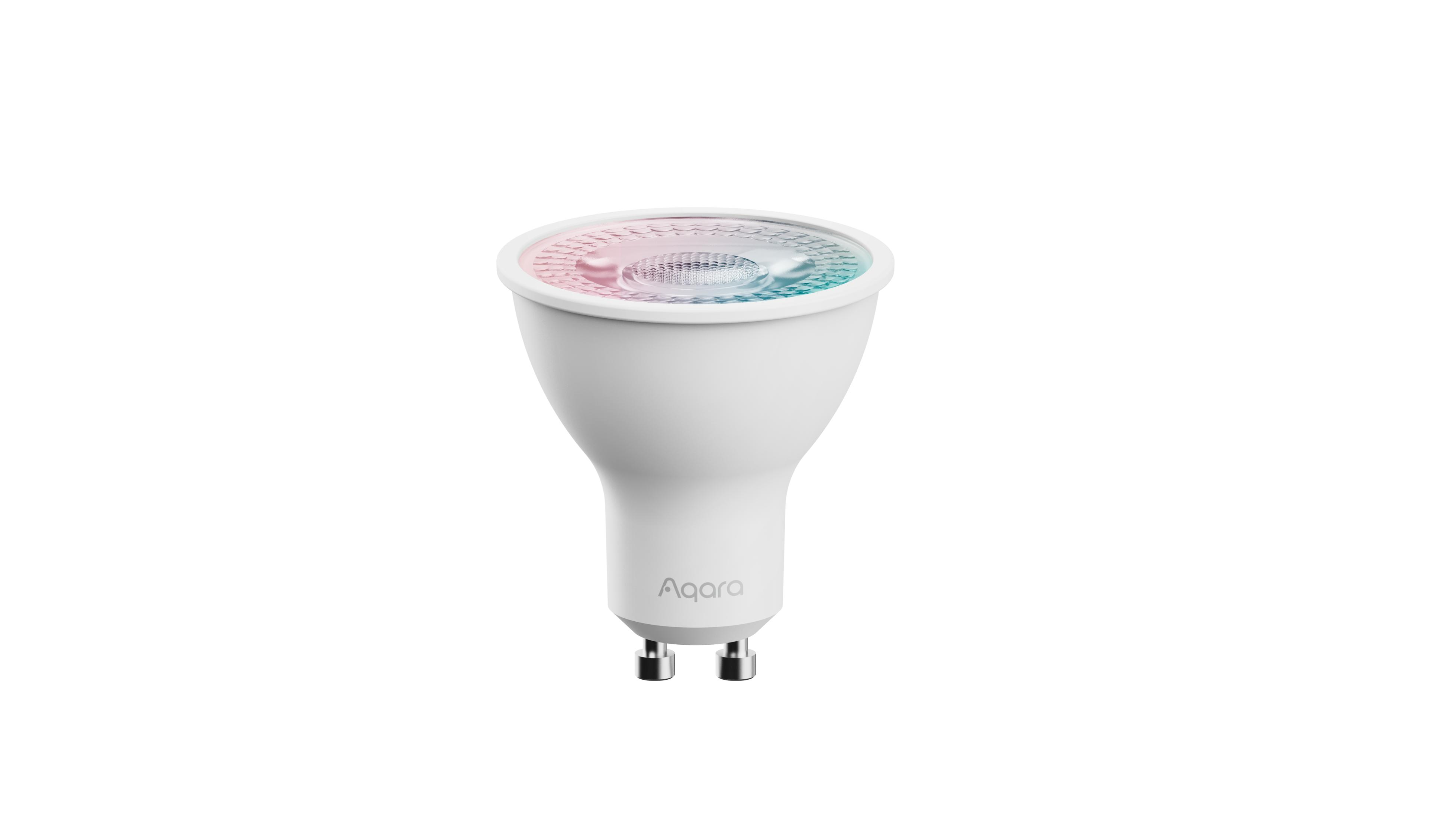 Lampadina LED bianca con pin argentati e logo Aqara. Gradiente.