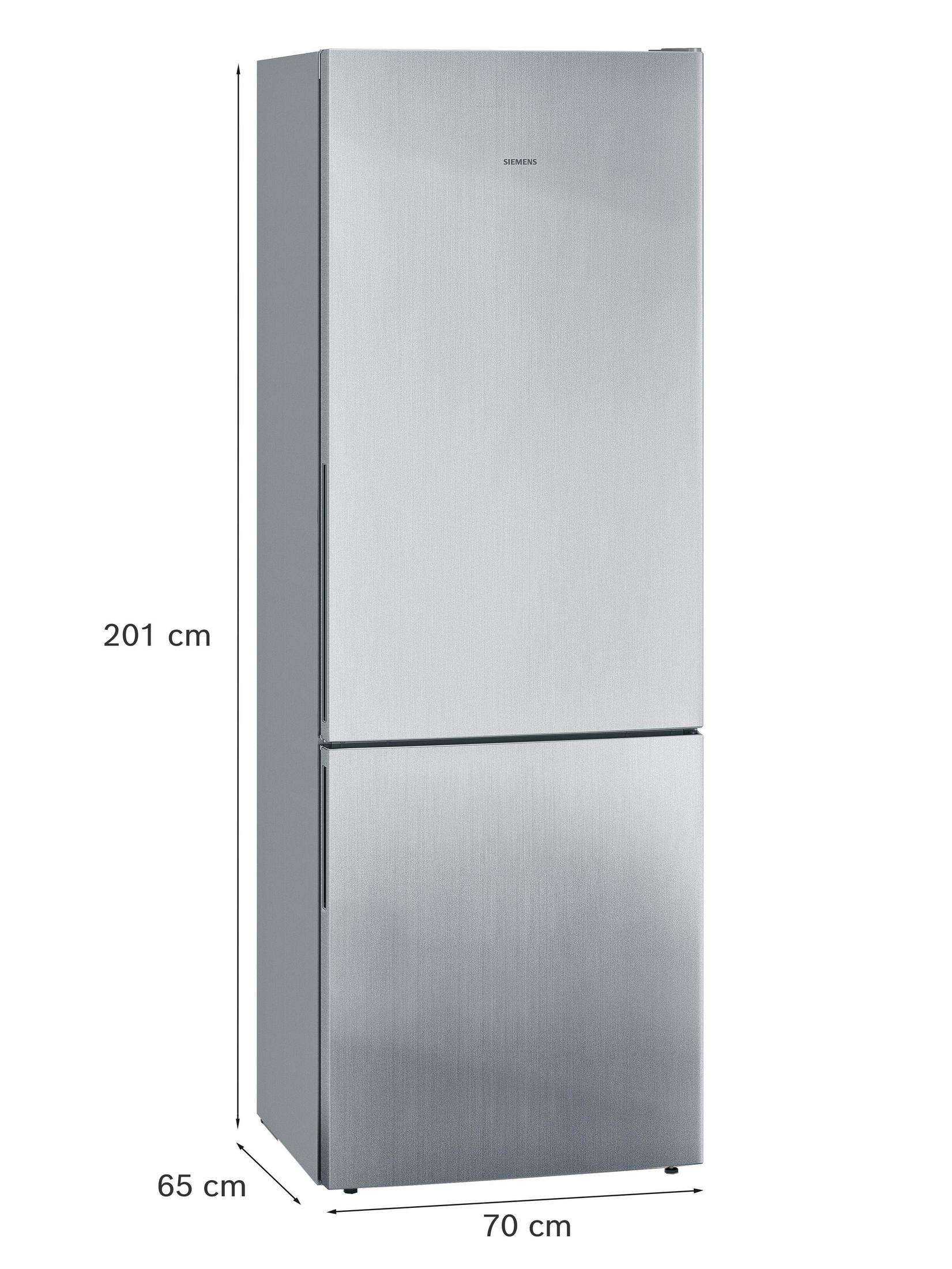 Ein silberner Siemens Kühlschrank mit Maßen 201x65x70 cm.
