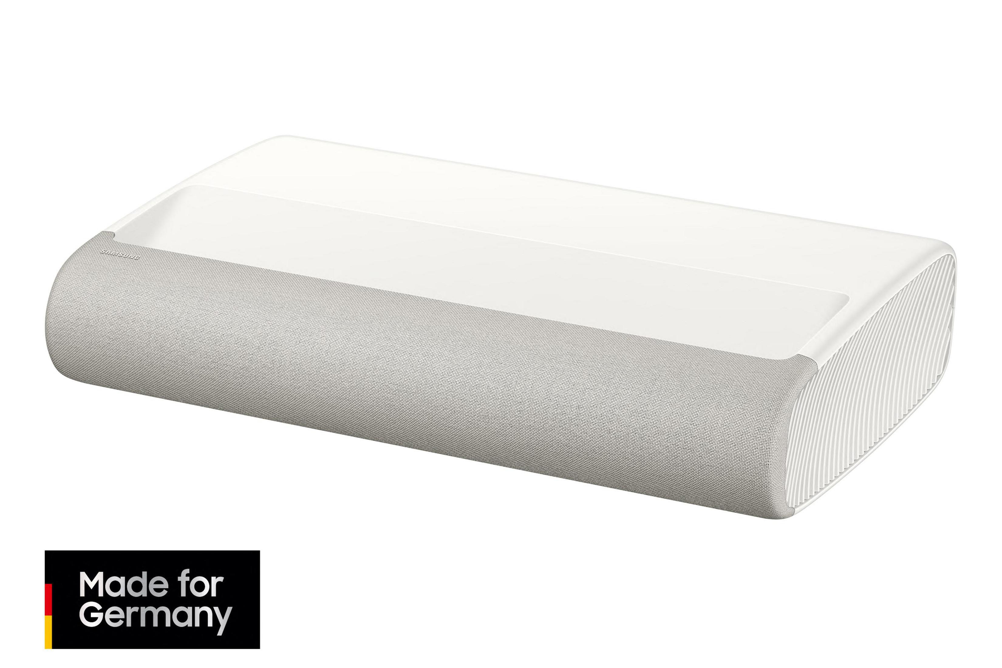 Un proiettore Samsung bianco con copertura in tessuto grigio e un