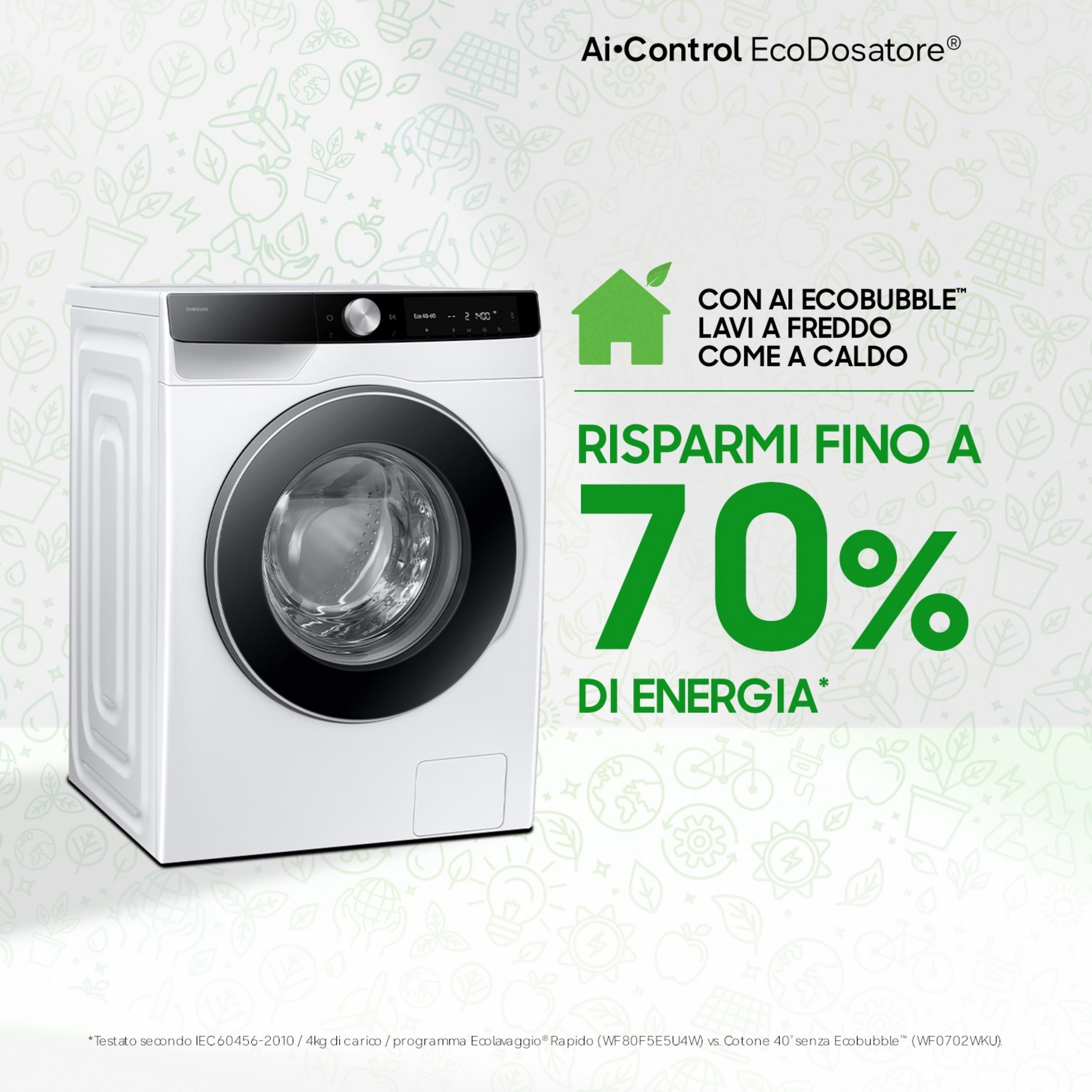 Une machine à laver blanche avec technologie EcoDosatore, économisant jusqu'à 70% d'énergie.