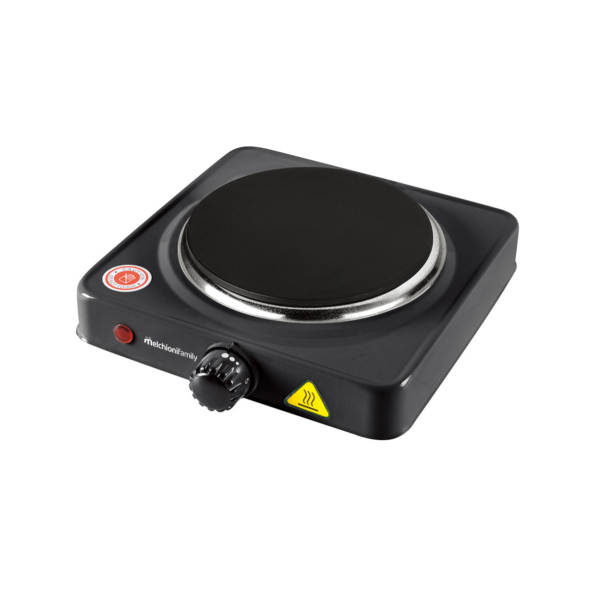 Hornillo eléctrico portátil negro con elemento calefactor redondo y mando.