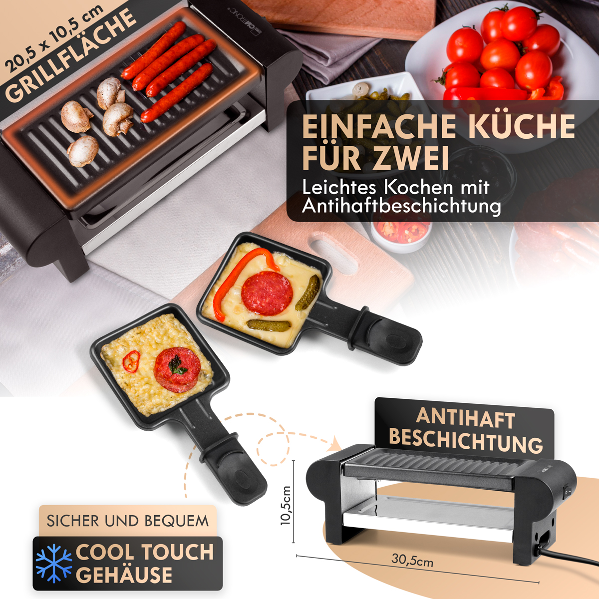 Ein Minigrill mit Grillfläche und zwei Pfännchen, daneben Zutaten wie Würstchen, Pilze, Tomaten und Käse.