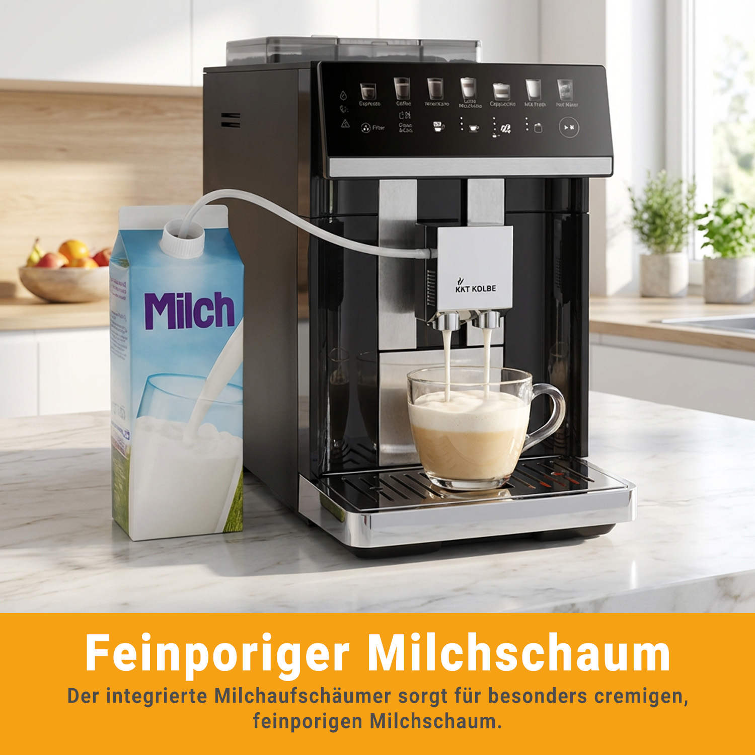 Kaffeevollautomat schäumt Milch aus Milchpackung für Cappuccino in eine Tasse.